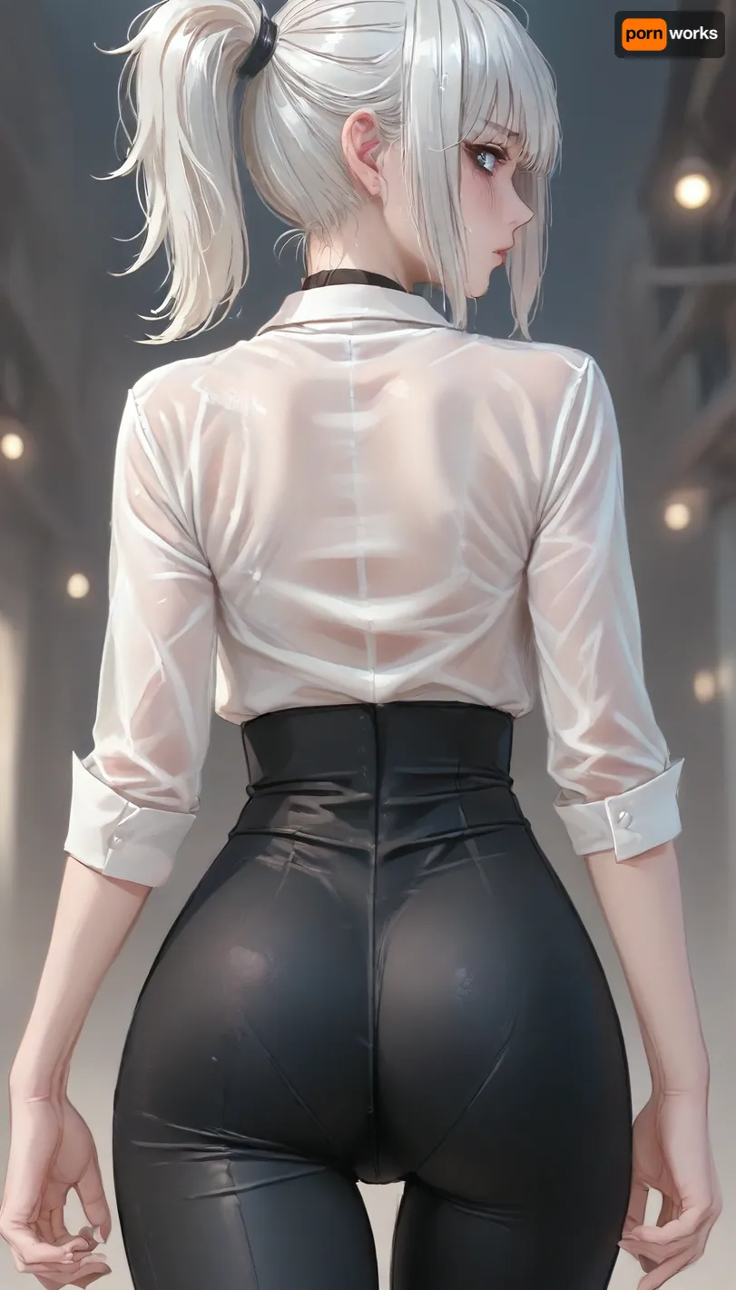 (rear view:1.8), 1girl, ((dim lights)), ((black shining leather leggings)), ((black jackboot:1.5)), ((ruined make-up:1.2)), ((unbuttoned tight wet transparent white shirt)), ((showed her breasts)), 18yo girl, wide hips, high gap, big thigh gap, wide thigh gap, (athletic body), (narrow waist:1.4), ((hip gap)), with cleavage, pokies, black choker, blushing face, horny face, ruined makeup, ((white ponytail hair)), blue eyes, ratatatat74, <lora:cartoon_stickers_xl_v1:.8>, <lora:ratatatat74-000050:1.3>