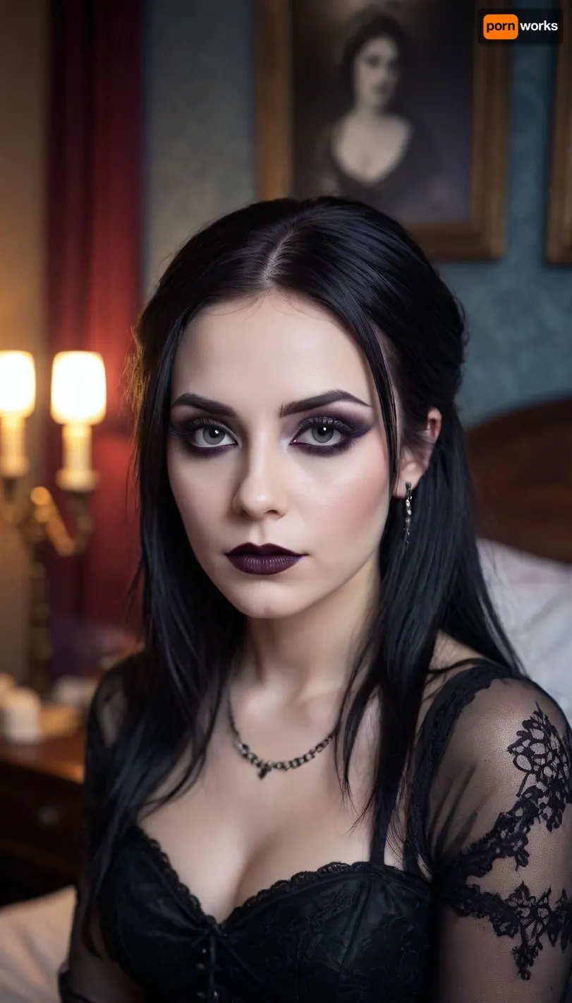 Woman, Goth make-up, bedroom