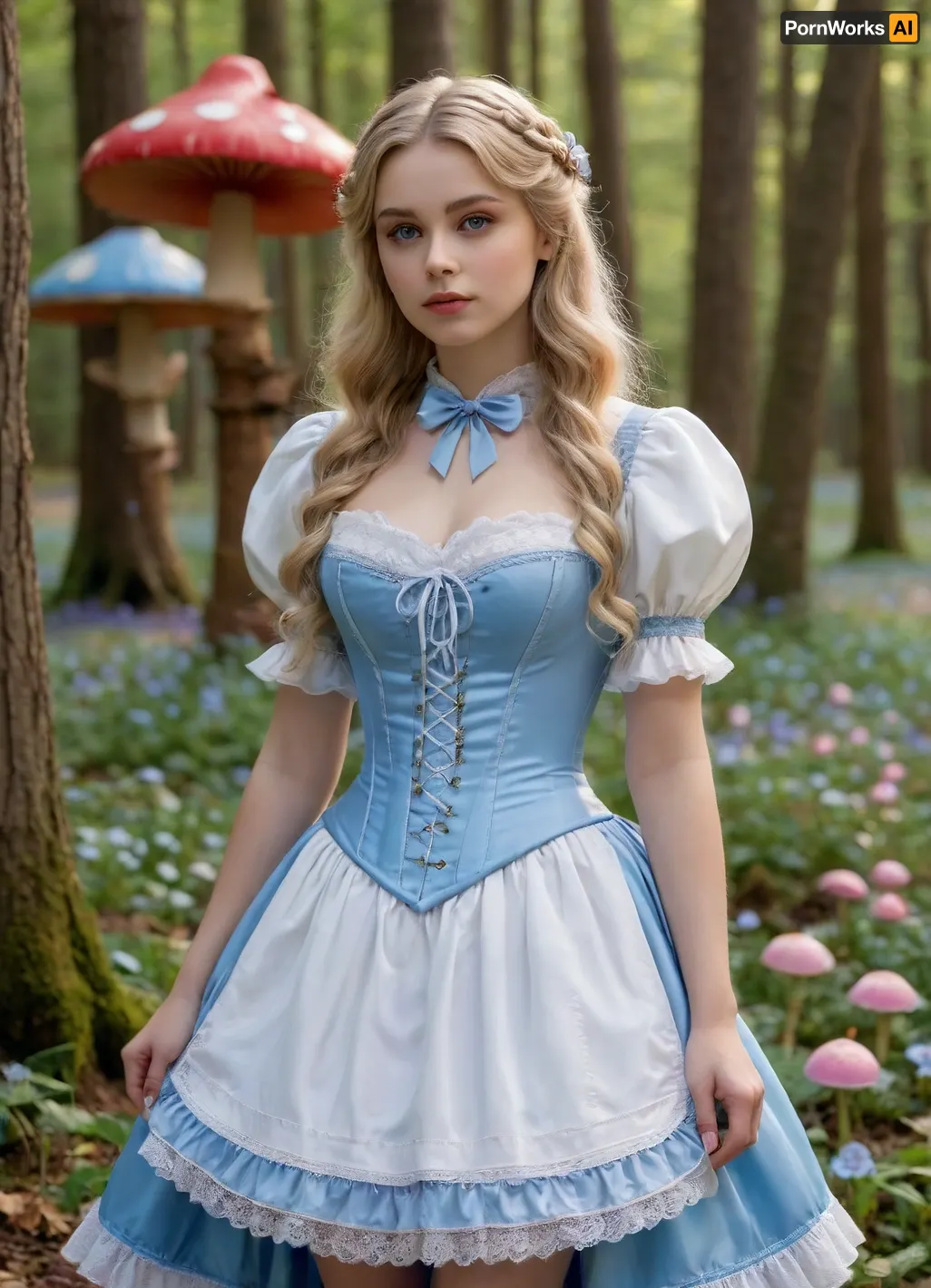 (masterpiece, best quality, photorealistic, ultra-detailed), 1girl, Alice Liddell, 18 y.o., classic Wonderland fantasy, long flowing blonde hair with soft curls, bright icy blue eyes, heart-shaped face, flawless pale skin, wearing ornate blue-and-white Victorian dress with puffed sleeves, lace apron, striped thigh-high stockings, shiny black shoes, standing in whimsical forest clearing filled with talking flowers and floating teacups, large mushroom trees in background, sunlight filtering through candy-colored leaves, innocent expression, subtle curves beneath tight corset waist, fantasy lighting, cinematic fairy tale atmosphere, <lora:add-detail-xl:1.2>
