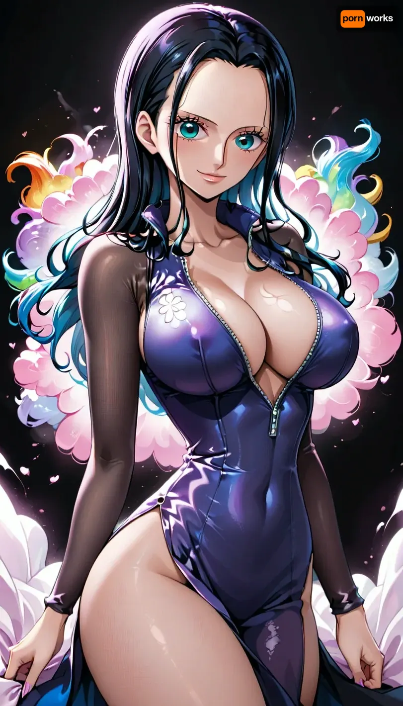 Nico Robin from One piece, black background, big boobs, sexy clothes