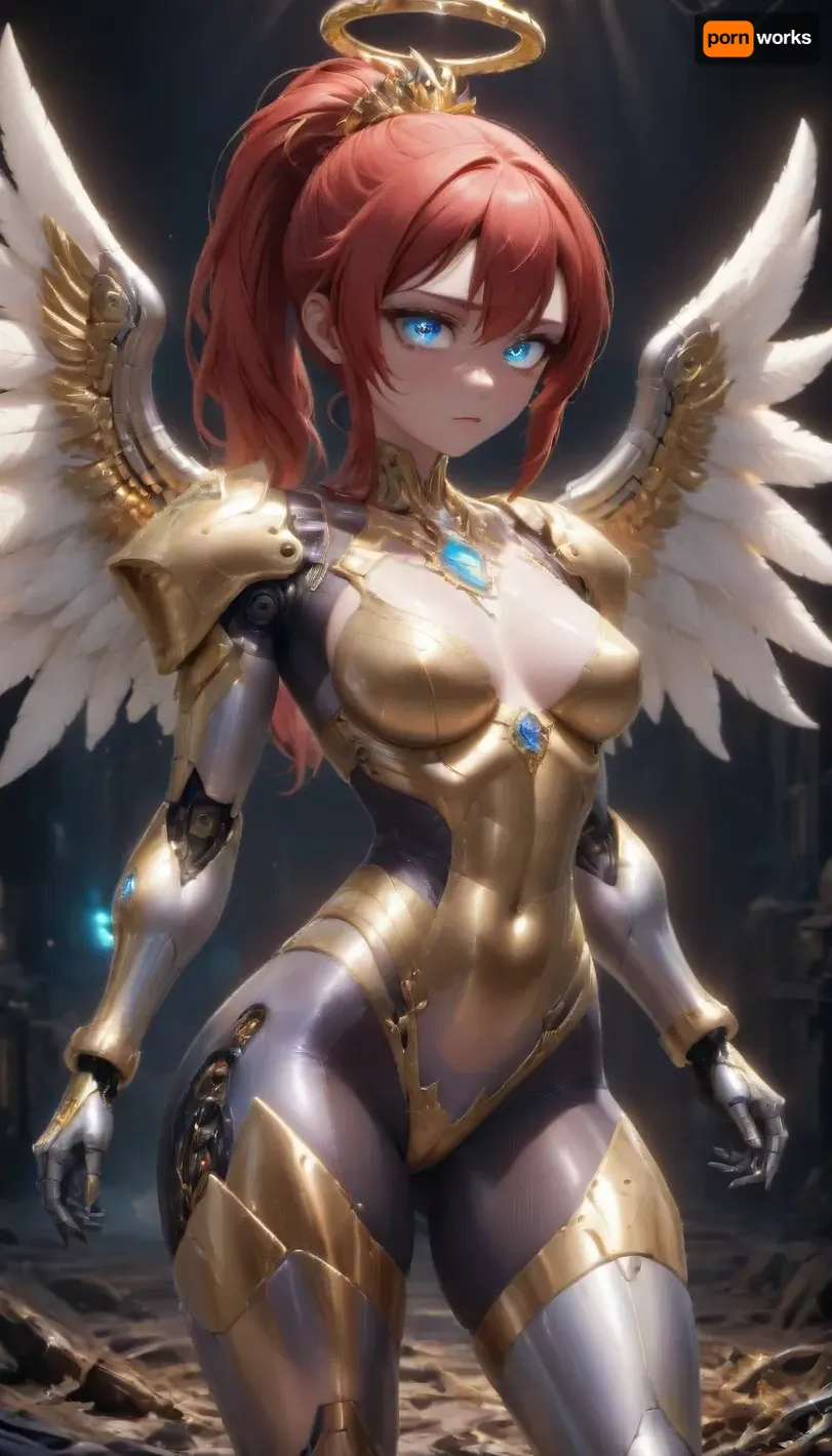 masterpiece, best quality, highly detailed, 4k, 1girl, long hair, red hair, ponytail, (golden armor corset), (gigantic golden angel wings), (silver cyborg armor tights), (Cyborg body), (blue glowing eyes), (golden Cyborg small breasts:1.1), (golden armor bra), Shiny skin, Cyborg armor highleg panties, Cyborg armor thighhighs, Cyborg Claws, Cyborg bridal gauntlets, <lora:cyborg_style_xl-alpha:1>, <lora:ThePitXL:1>
