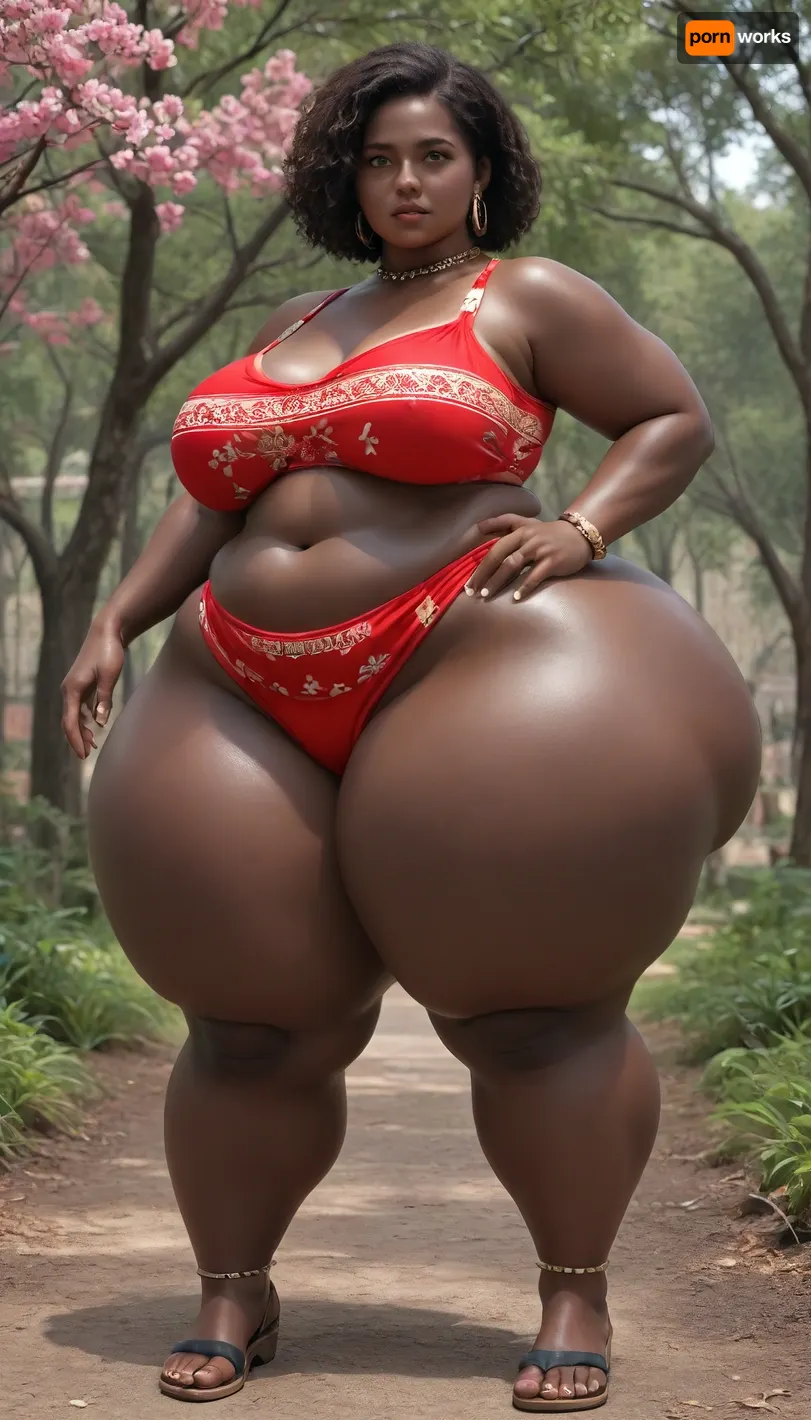 a fat heavy woman with a gigantic ass, (Hyper thighs:1.2), massive ass, hyper ass, (wide hips), thick thighs, chubby calves, chubby, brown hair, in a temple made of trees, cherry tree, (black skin color, african skin color, ebony skin, black skin, dark skin, black race, african race, kenya race), (plus sized clothing, clothing size xxxl, size extra extra extra extra large, fat fashion)