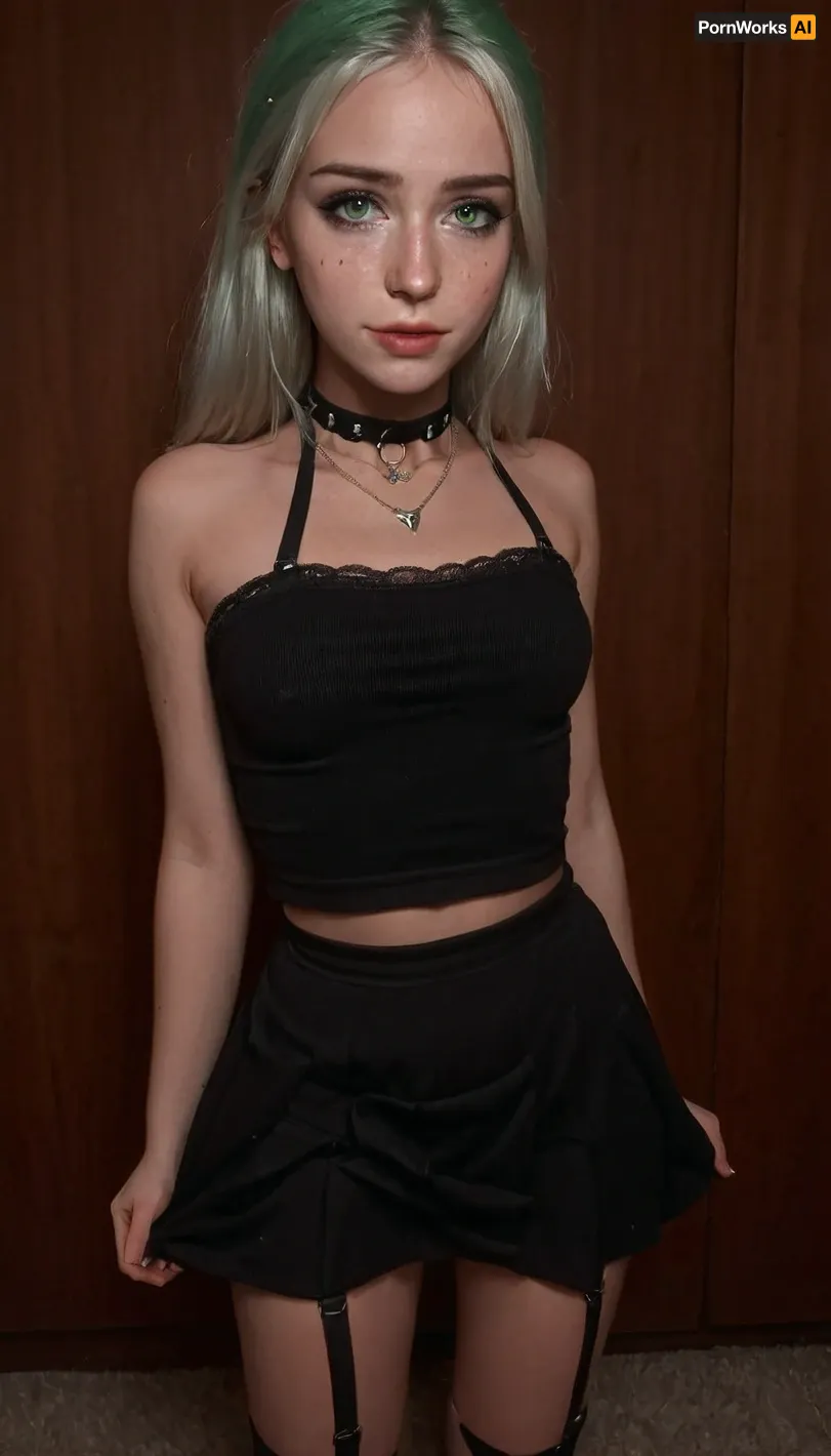 1 girl, 21 years, white hair, green eyes, freckles, iphone, mirror, selfie, holding, alt fashion, iPhone, alternative fashion, piercing, choker, long eyelashes, arrows on the eyes, cosmetics, mascara, short skirt, skirt lift, lift with one hand lifts the skirt, skirtlift, facial, cum, on, face, breasts, stomach, covered, in, perfect, <lora:alt_fashion_v2:1>, <lora:skirtlift_xl:.5>, <lora:Facials:.5>