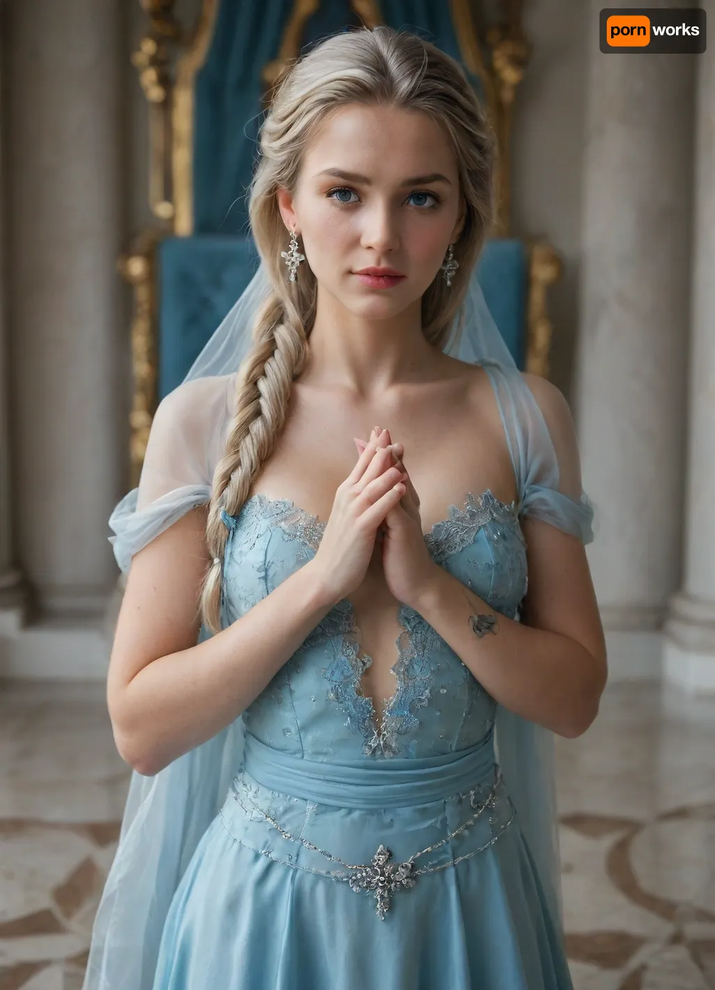 (masterpiece, best quality, photorealistic, ultra-detailed, highres, cinematic lighting), 1girl, 21 y.o., named Elsa Arendelle, long straight platinum blonde hair in a loose braid, ice blue eyes, Norwegian, soft cheekbones with light blush, curvy body with slim waist, medium breasts, and round hips, graceful and restrained, queen of Arendelle with ice magic, enjoys singing and creating ice sculptures, neutral expression, standing with hands clasped in front, small snowflake tattoo on wrist, wearing a long ice-blue velvet gown with silver embroidery and a flowing cape, in a grand throne room with ice accents and frosted chandeliers, <lora:add-detail-xl:1>