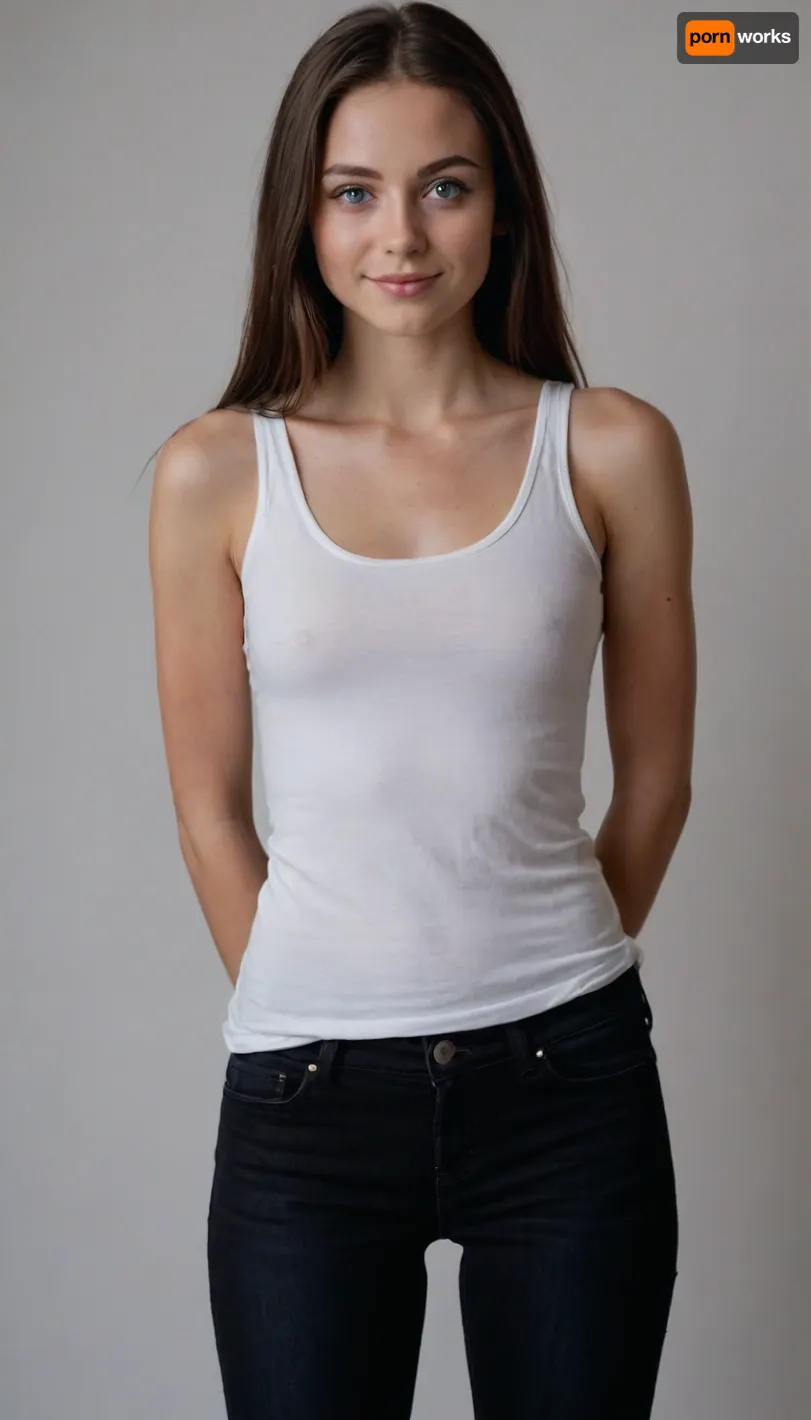 A sexy and hot girl, 21 years old, petite and slim, perfect blue eyes, long straight dark brown hair with a middle part, white cotton tank top, black jeans, looking at the camera, very cute smiling face, cutest woman, in front of a white wall in a professional photo studio
