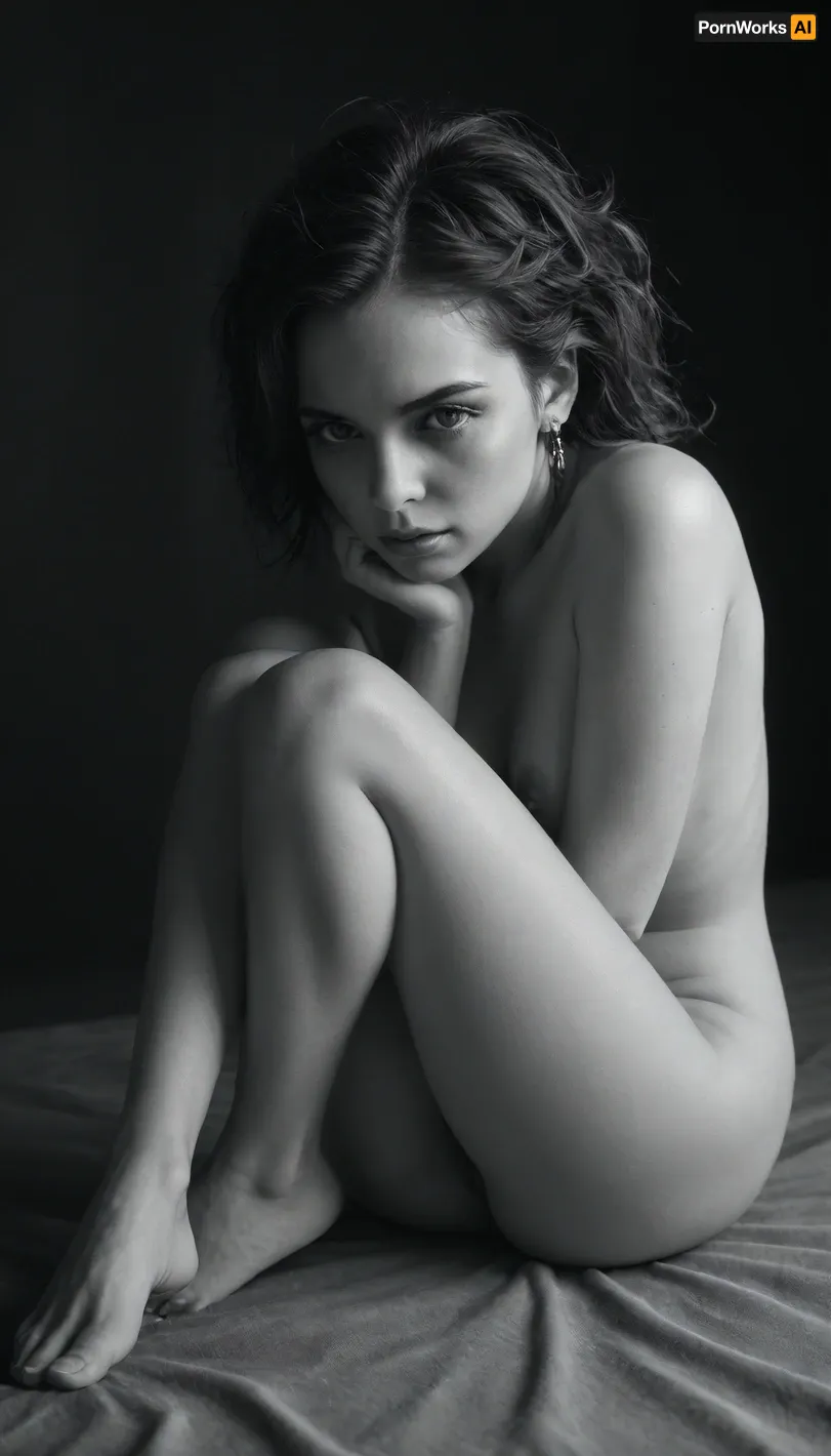 (masterpiece, best quality, photorealistic), ((monochrome:1.5)), ((black and white only:1.5)), greyscale, chiaroscuro studio lighting, deep soft shadows, still atmosphere, black background.

nude woman seated on a smooth stone pedestal, ((posed in the style of Rodin's The Thinker:1.5)), one elbow resting on her knee, hand gently supporting her chin., ((body curled slightly forward in quiet thought:1.4)), back arched, spine subtly defined, posture serene., (small perky breasts:1.2), natural pubic hair softly visible between legs, but not the focus.

legs bent and folded, feet grounded or obscured in shadow., ((expression distant, pensive, introspective)), eyes downcast, lips parted faintly. hair loose, cascading, blending with shadows., (camera angle side or three-quarter), light focused on shoulders, arms, thighs, and face. body sculpted in soft silver and darkness. she is divine in stillness — beautiful, thinking, untouchable., <lora:ral-chrosc-bw:.5>