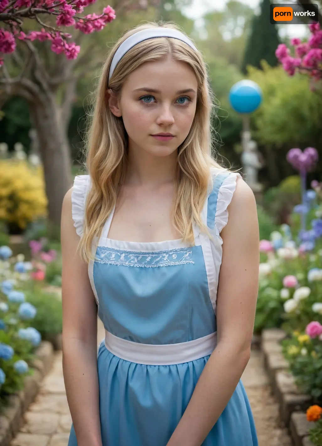 (masterpiece, best quality, photorealistic, ultra-detailed, highres, vibrant lighting), 1girl, 18 y.o., named Alice, long straight blonde hair, blue eyes, fair skin, delicate freckles, slender body, curious and brave, adventurer, enjoys exploration, neutral expression, standing with hands clasped, no tattoos, wearing a blue dress with white apron and black headband, in a whimsical Wonderland garden with talking flowers and neon candy trees, <lora:add-detail-xl:1>