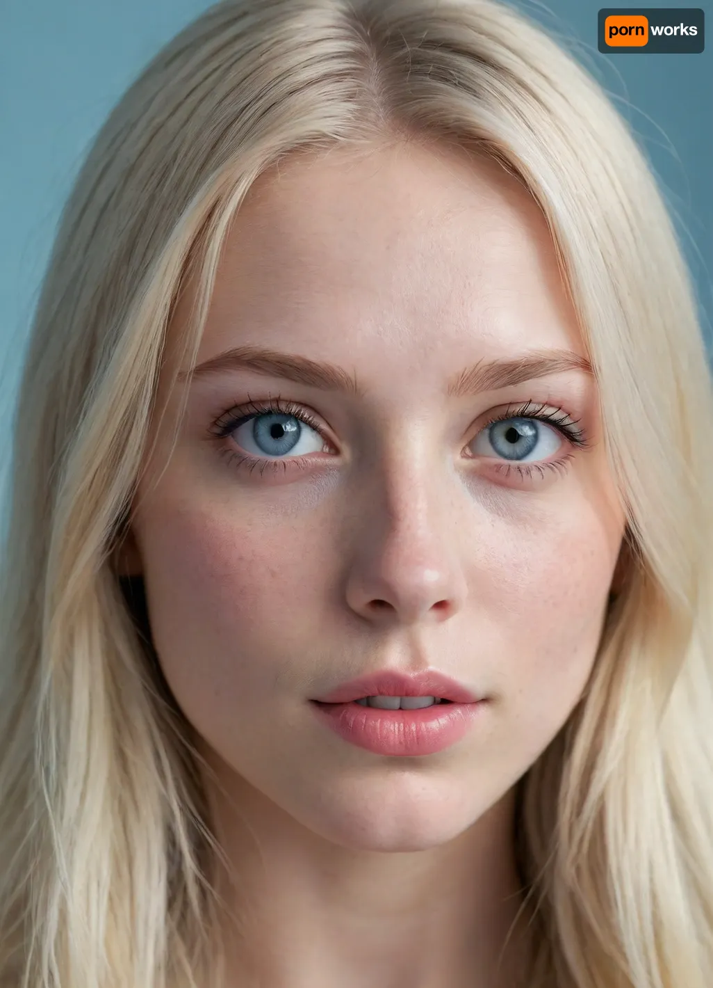 (masterpiece, best quality, photorealistic, ultra-detailed, highres, cool lighting), 1girl, 21 y.o., Swedish, pale skin, light blue eyes, long straight platinum blonde hair, delicate freckles on nose, soft jawline, gentle smile, close-up portrait, no tattoos, wearing sheer lip gloss, in a background with icy blue and white tones, <lora:add-detail-xl:1>