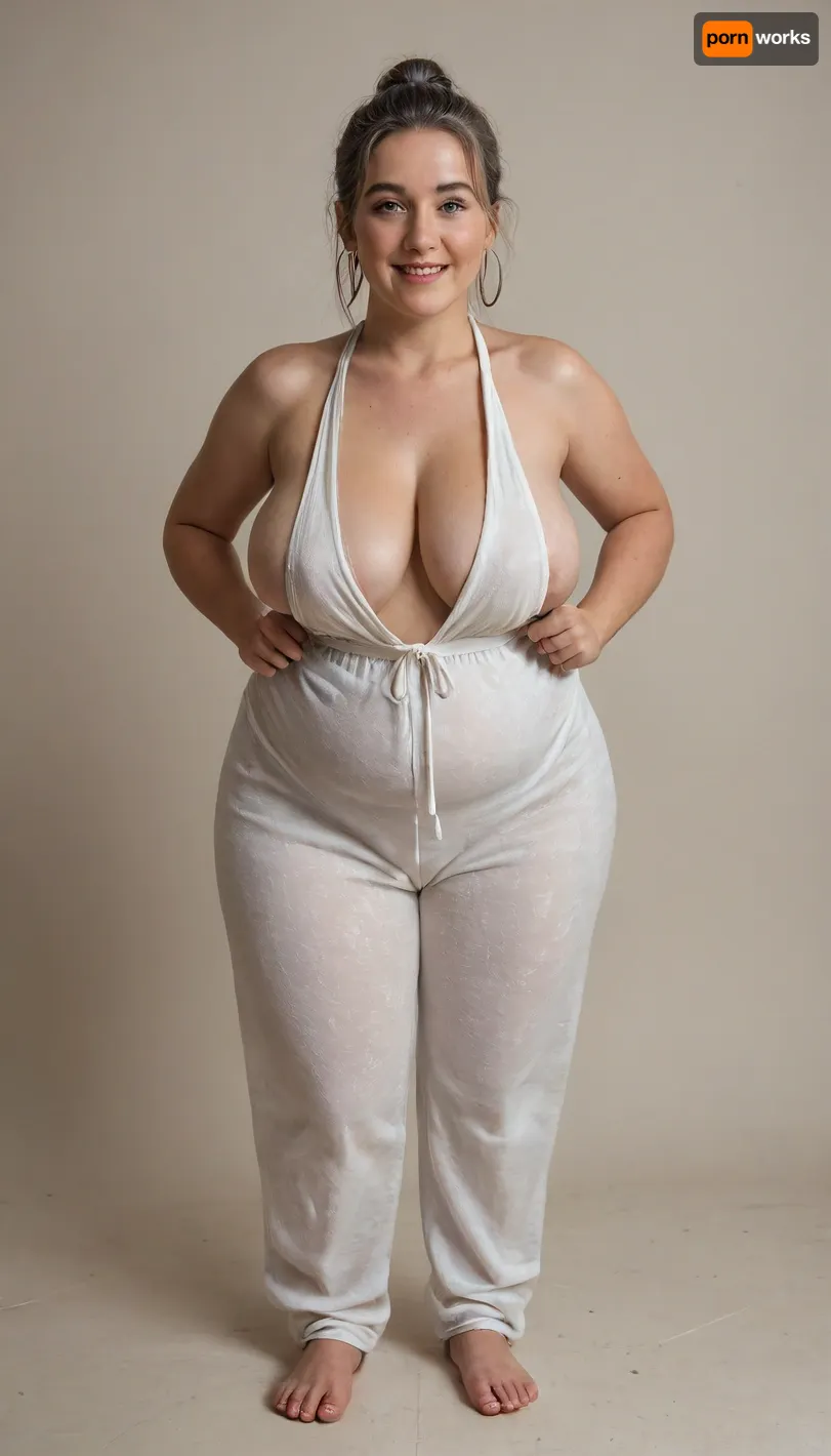 50 year old mature MILF, (obese:1.2), (small, not tall), wide hips, black and gray hair, ponytail, chubby round face, strong nose, shy smile, unexpected camera, (capturing full body, surprised expression), hoop earrings, best quality, photorealism, masterpiece, blue eyes, just woke up, silk white pajama pants, tight sleeveless white silk pajama top revealing cleavage of large breasts and hard nipples, sagging breasts, large nipples, (Areola slip:1.3), FUPA, cameltoe