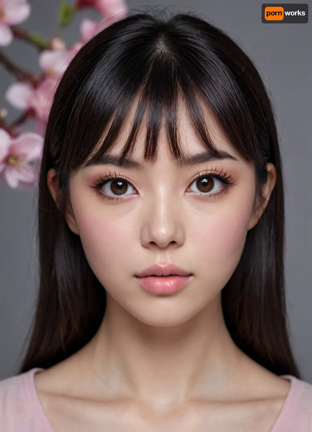 (masterpiece, best quality, photorealistic, ultra-detailed, highres, soft lighting), 1girl, 22 y.o., Japanese, long straight black hair with delicate bangs, deep brown almond-shaped eyes, fair porcelain skin, subtle cherry blossom blush on cheeks, perfectly symmetrical face, serene expression with direct gaze, delicate arched eyebrows, small natural lips with soft pink gloss, no tattoos, no jewelry, centered close-up portrait, neutral gray background, <lora:add-detail-xl:.8>