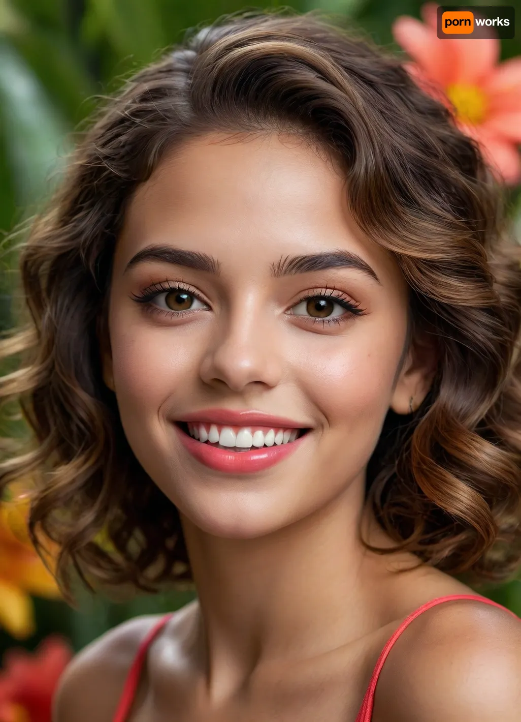 (masterpiece, best quality, photorealistic, ultra-detailed, highres, warm lighting), 1girl, 22 y.o., Brazilian, warm olive skin, large hazel eyes, curly shoulder-length dark brown hair with golden highlights, high cheekbones, wide smile, close-up portrait, no tattoos, wearing glossy coral lipstick, in a vibrant background with tropical flower patterns, <lora:add-detail-xl:1>