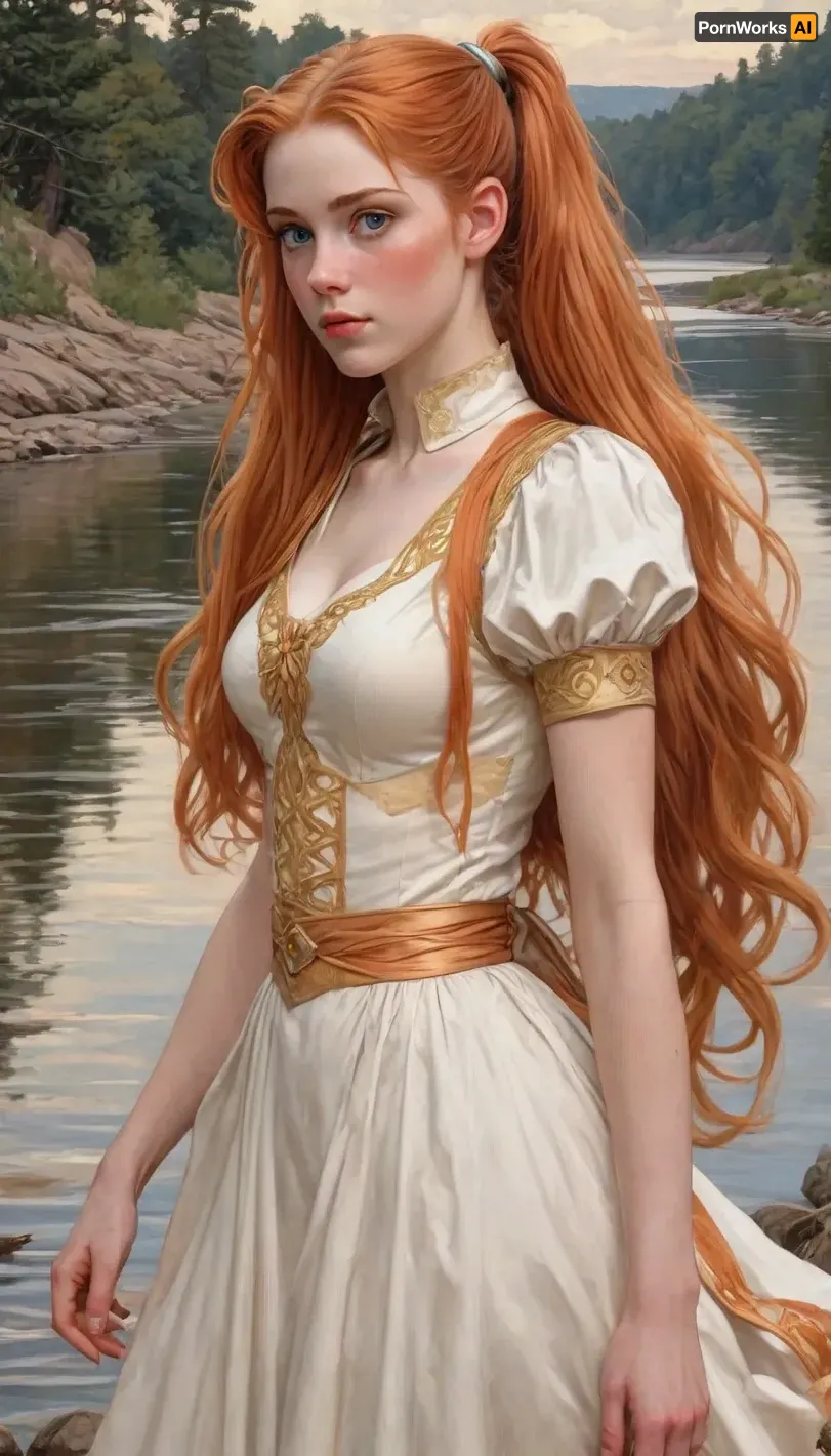 masterpiece, best quality, on the river bank, 1girl, solo, looking at viewer, long hair, ponytail, blue eyes, orange hair, very long hair, magical girl, J.C., Leyendecker, Style, page, ba11g0wn, <lora:J.C. Leyendecker Style:.8>, <lora:Ballgown_2.0:.8>