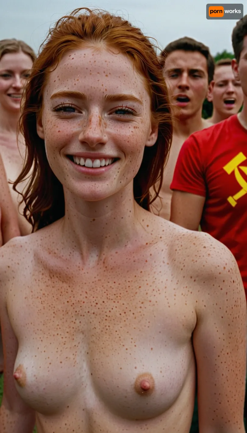 1woman, student, communist workers, lots of freckles face, lots of freckles head, lots of freckles body, no makeup, hail tail, oiled skin, horny face, cute smile, hypnotized eyes, perfect eyes, winks eyes, absolutely naked, very happy, dancing.