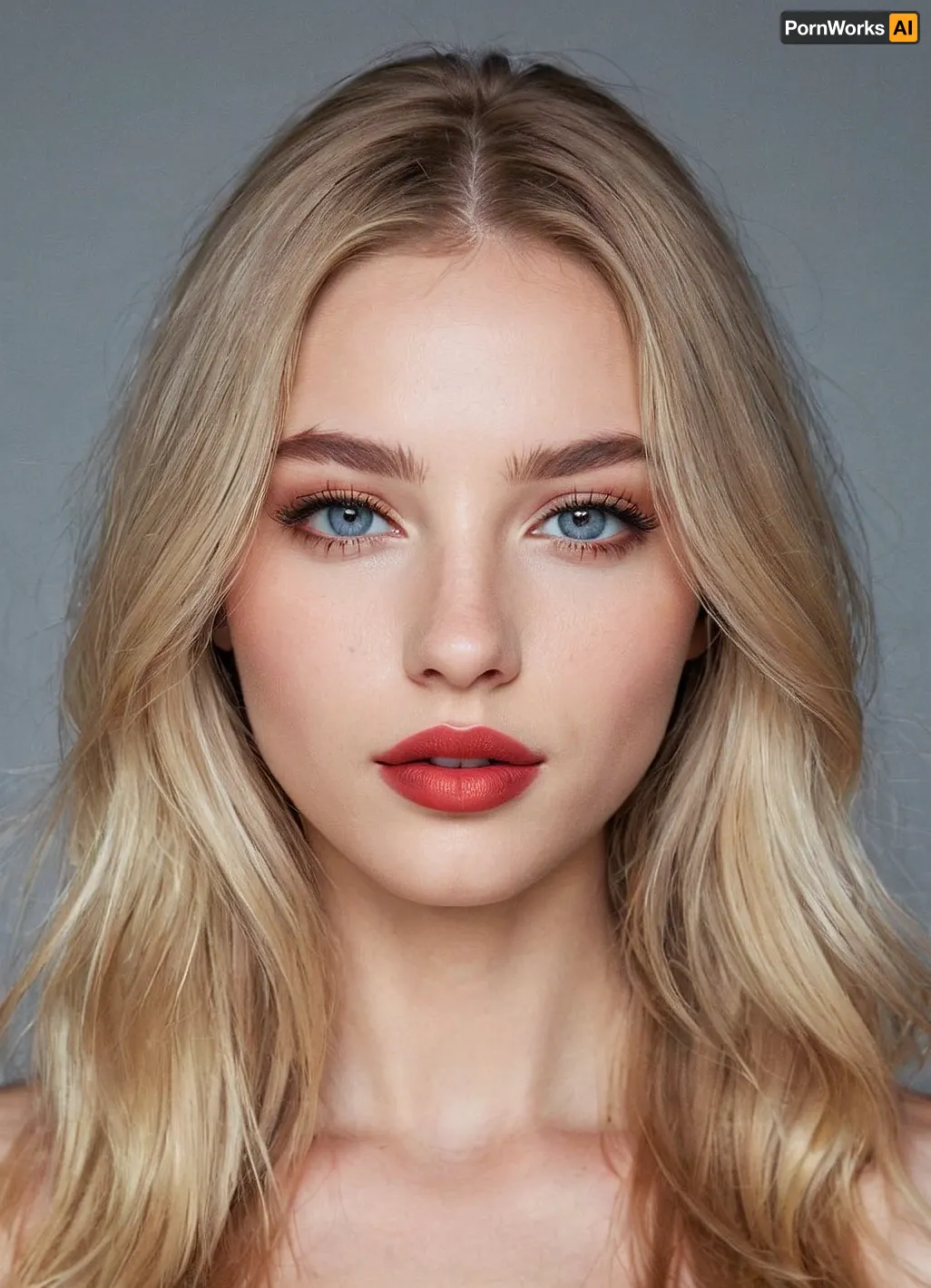 (masterpiece, best quality, photorealistic, ultra-detailed, highres, soft lighting), 1girl, 18 y.o., Estonian, slightly elongated face with refined features, thin straight eyebrows, oval grey-blue eyes with long eyelashes, straight nose with delicate tip, very plump glossy lips with red hue, prominent cheekbones, soft chin, pale skin with light blush, no freckles, straight white teeth, bold makeup with smoky eyeshadow and bright lipstick, centered face, symmetrical, teasing glance, long straight ash blonde hair framing face, in a softly blurred gradient background, <lora:add-detail-xl:2>