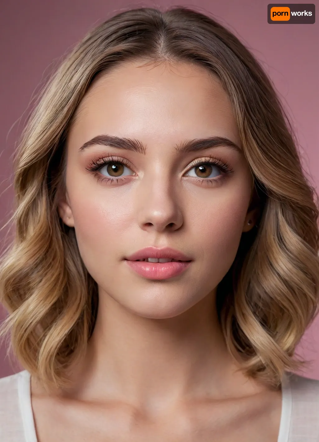 (masterpiece, best quality, photorealistic, ultra-detailed, highres, soft lighting), 1girl, 18 y.o., Czech, heart-shaped face with expressive features, thick arched eyebrows, large dark brown eyes with long thick eyelashes, straight medium-length nose, plump glossy lips with bright pink hue, high cheekbones, soft chin, smooth fair skin with peach undertone, single mole on cheek, straight white teeth, subtle makeup with winged eyeliner, centered face, symmetrical, sultry gaze, shoulder-length wavy dark blonde hair framing face, in a softly blurred gradient background, <lora:add-detail-xl:2>