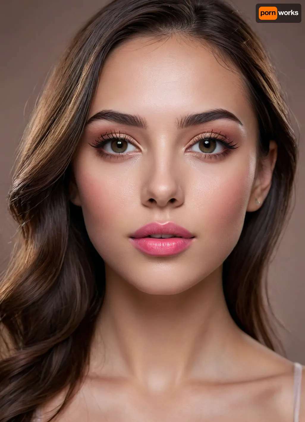 (masterpiece, best quality, photorealistic, ultra-detailed, highres, soft lighting), 1girl, 18 y.o., Bulgarian, oval face with expressive features, thick arched eyebrows, almond-shaped hazel-green eyes with long eyelashes, small straight nose, very plump glossy lips with bright pink hue, high cheekbones, slightly pointed chin, smooth olive skin with warm undertone, single mole on cheek, straight white teeth, bold makeup with winged eyeliner and glossy lipstick, centered face, symmetrical, sultry parted lips, long wavy dark brown hair framing face, in a softly blurred gradient background, <lora:add-detail-xl:2>