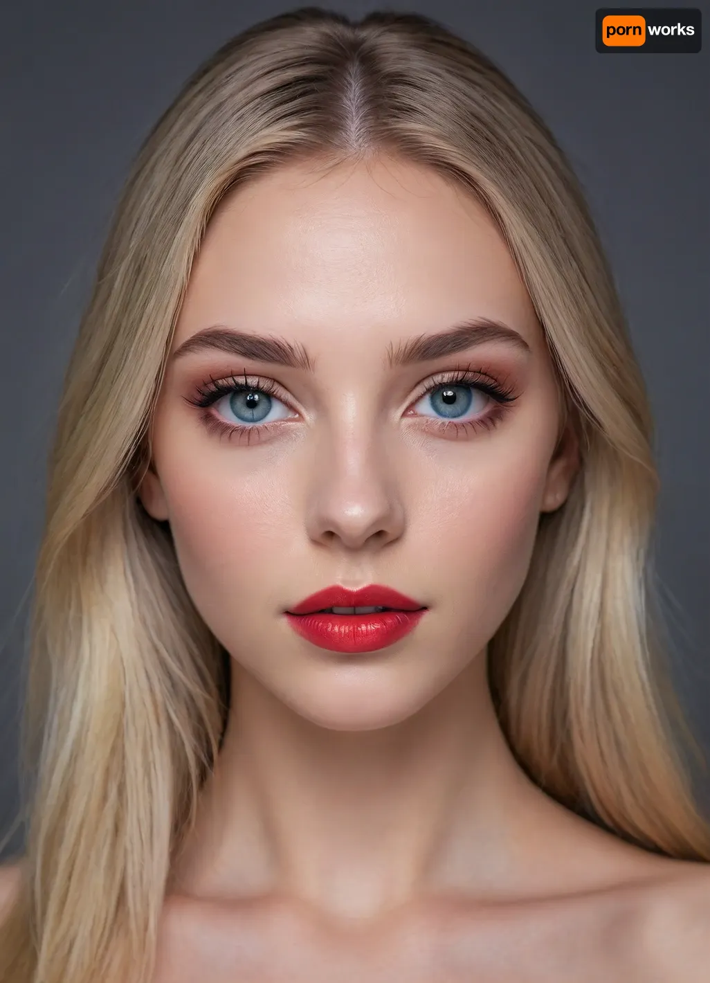 (masterpiece, best quality, photorealistic, ultra-detailed, highres, soft lighting), 1girl, 18 y.o., Estonian, slightly elongated face with refined features, thin straight eyebrows, oval grey-blue eyes with long eyelashes, straight nose with delicate tip, very plump glossy lips with red hue, prominent cheekbones, soft chin, pale skin with light blush, no freckles, straight white teeth, bold makeup with smoky eyeshadow and bright lipstick, centered face, symmetrical, teasing glance, long straight ash blonde hair framing face, in a softly blurred gradient background, <lora:add-detail-xl:2>