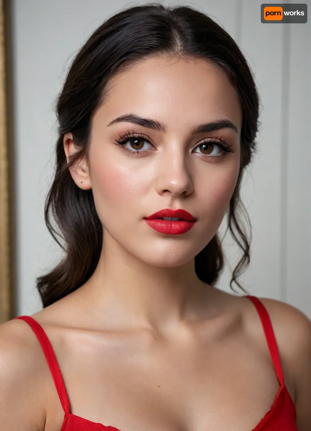 (masterpiece, best quality, photorealistic, ultra-detailed, highres, soft lighting), 1girl, 18 y.o., Albanian, oval face with warm features, thick arched eyebrows, almond-shaped dark brown eyes with long thick eyelashes, straight nose with delicate tip, very plump glossy lips with bright red hue, high cheekbones, slightly pointed chin, smooth olive skin with golden undertone, no freckles, straight white teeth, bold makeup with winged eyeliner and red lipstick, centered face, symmetrical, sultry parted lips, long wavy black hair framing face, in a softly blurred gradient background, <lora:add-detail-xl:2>