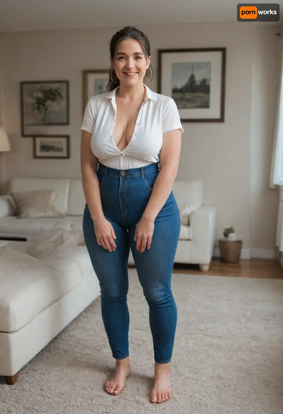 50 year old mature MILF, standing in a modern living room, (small, not tall), (wide hips), (thick thighs), brunette hair with gray highlights, ponytail, chubby round face, strong nose, shy smile, unexpected camera, (capturing full body, surprised expression), hoop earrings, best quality, photorealism, masterpiece, tight highwaist blue jeans, unbuttoned white blouse, sagging, braless, (FUPA), cameltoe, big ass