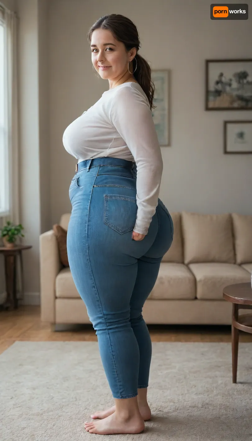 1/4 side view, 50 year old mature MILF, standing in a modern living room, (small, not tall), (wide hips), (thick thighs), brunette hair with gray highlights, ponytail, chubby round face, strong nose, shy smile, unexpected camera, (capturing full body, surprised expression), hoop earrings, best quality, photorealism, masterpiece, tight highwaist blue jeans, unbuttoned white blouse, sagging, braless, (FUPA:1.3), cameltoe, big ass, bottomheavy, big, ass, huge, gigantic, thick, thighs, massive, <lora:bottomheavy_v1_sdxl_tags:.8>