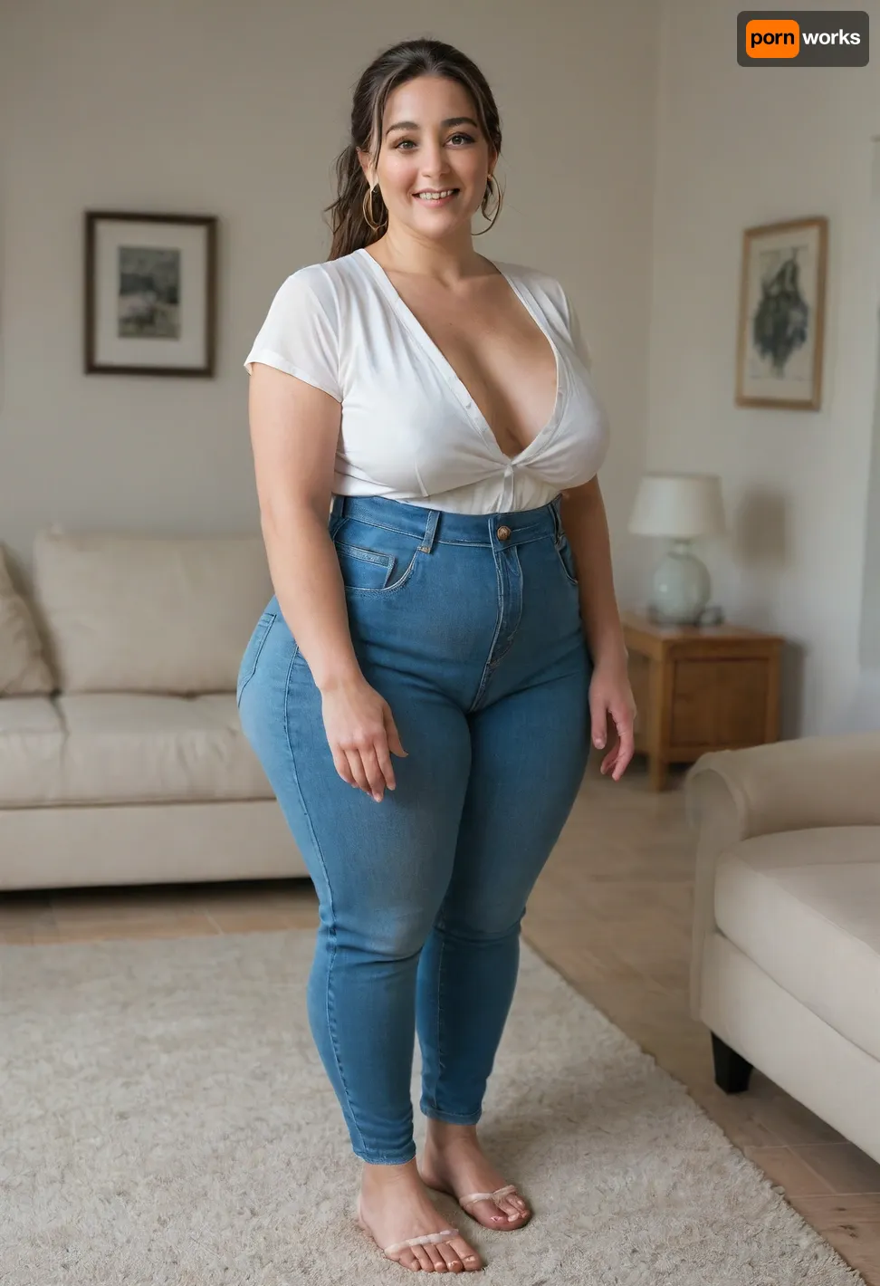 1/4 side view, 50 year old mature MILF, obese, standing in a modern living room, (small, not tall), (wide hips), (thick thighs), brunette hair with gray highlights, ponytail, chubby round face, strong nose, shy smile, unexpected camera, (capturing full body, surprised expression), hoop earrings, best quality, photorealism, masterpiece, tight highwaist blue jeans, unbuttoned white blouse, sagging, braless, (FUPA), cameltoe, big ass