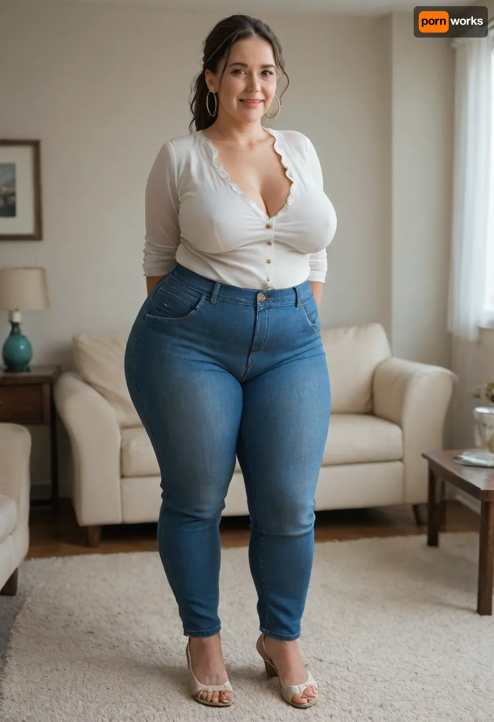 50 year old mature MILF, obese, standing in a modern living room, (small, not tall), (wide hips), (thick thighs), brunette hair with gray highlights, ponytail, chubby round face, strong nose, shy smile, unexpected camera, (capturing full body, surprised expression), hoop earrings, best quality, photorealism, masterpiece, tight highwaist blue jeans, unbuttoned white blouse, sagging, braless, (FUPA), cameltoe, big ass