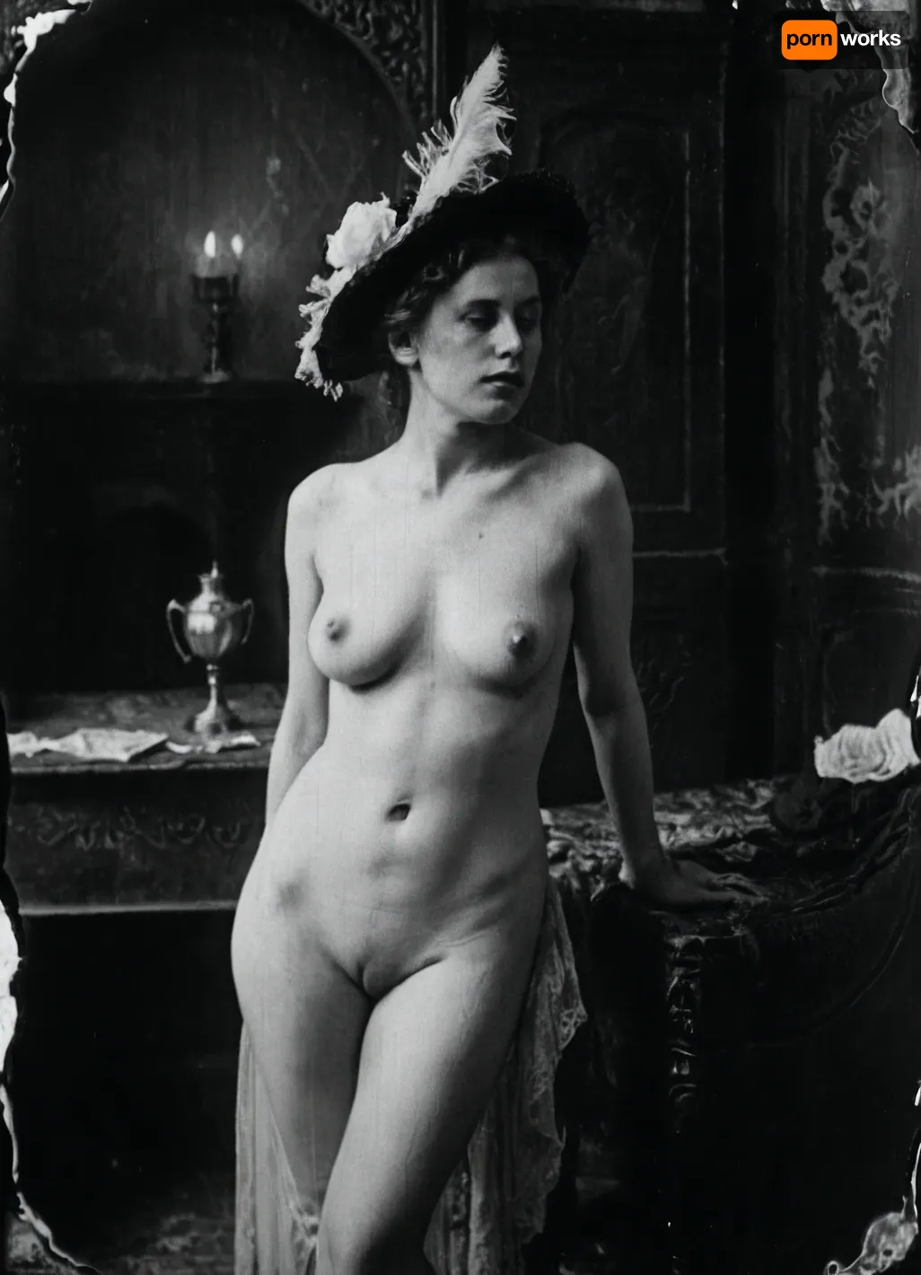 victorian era prostitute, victorian london, 1800s, young victorian prostitute, nude, black and white, film grain, vintage photograph, damaged film, victorian, fdec, <lora:fdec:.8>