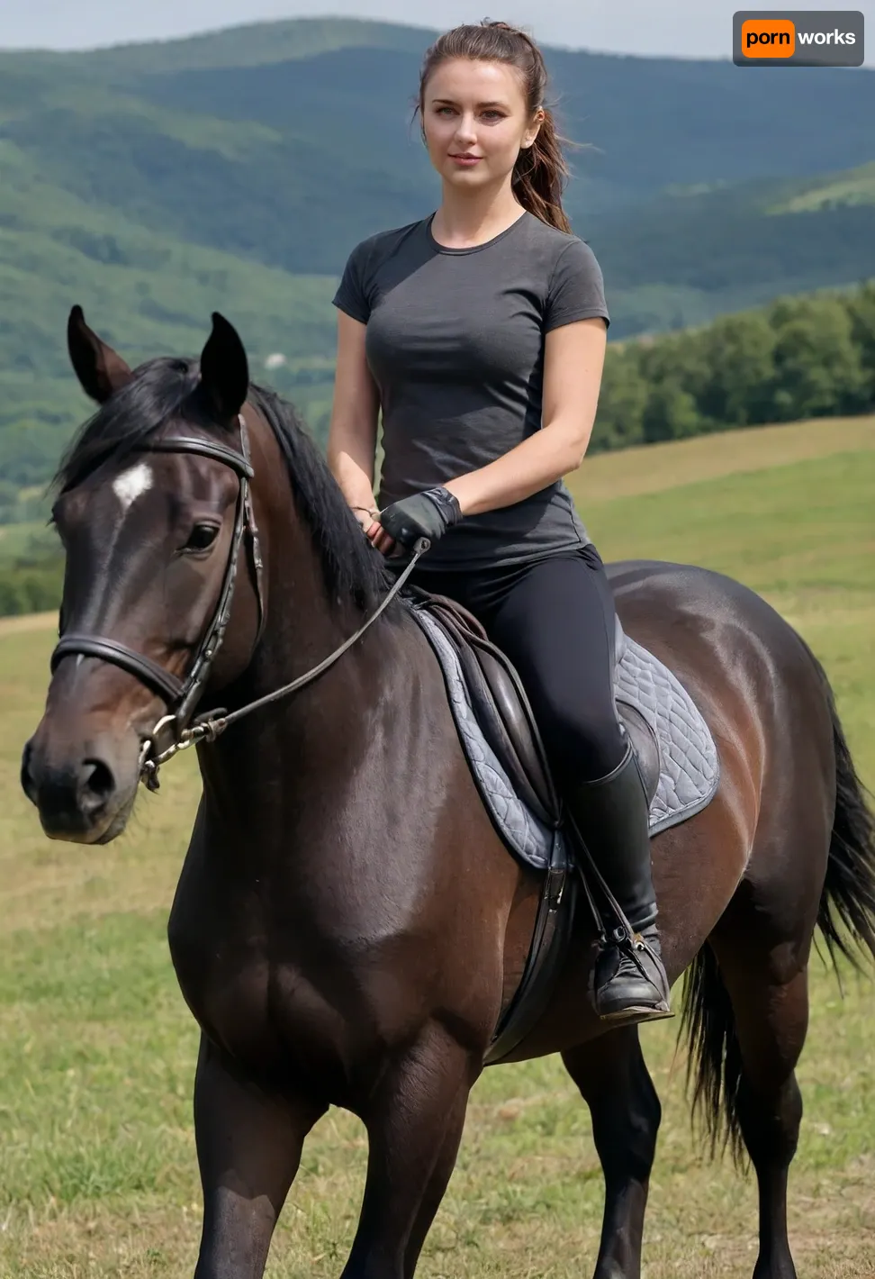 (masterpiece, best quality:1.2), 1 czech 30yo woman, black jodhpurs, (tight anthracite t-shirt:1.4), outdoors, longest brunette hair, hair combed back, double buns, green eyes, she rides a horse on a summer bohemian low mountain ranges landscape, happy look, photorealism, r1d1ngb00ts, RiHorse, front_view, half_front_view, side_view, galloping, <lora:Equestrian_riding_boots_2_SDXXXL:.5>, <lora:RideHorse.0.9:.5>