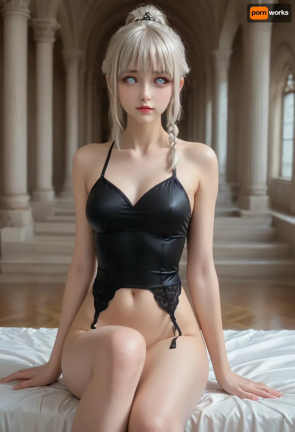 Anime girl, no pants, no panties, shikimorisan, blue, hair, long, no pupil, (white eyes:2), eyes, between, bangs, ponytail, braid, wearing a black latex garter belt, naked body, (big boobs:1.62), small waist, sitting, legs spread, (gartwr, <lora:aesthetic_anime_v1s:.8>, <lora:shikimorisanXLv1:1.6>)