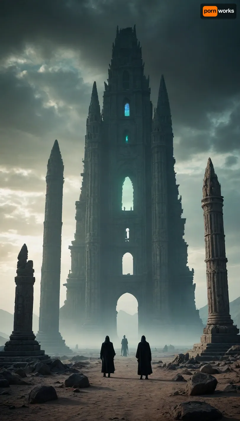 An abandoned temple in the desert, shrouded in fog and darkness, with cracks on the walls and glowing runes. In the center of the temple, a magical ritual is performed involving a black-robed figure holding a crystal with pulsing energy. The temple is surrounded by a dead desert of ancient machinery and half-buried statues. In the background, you can see the silhouettes of huge ruined towers, and the sky is covered with ominous greenish clouds. Ghostly dragons or spirits hover in the air, lighting up the scene with a cold glow. Cinematic lighting, high detail, dark fantasy aesthetics, symbolism of destruction and magic.