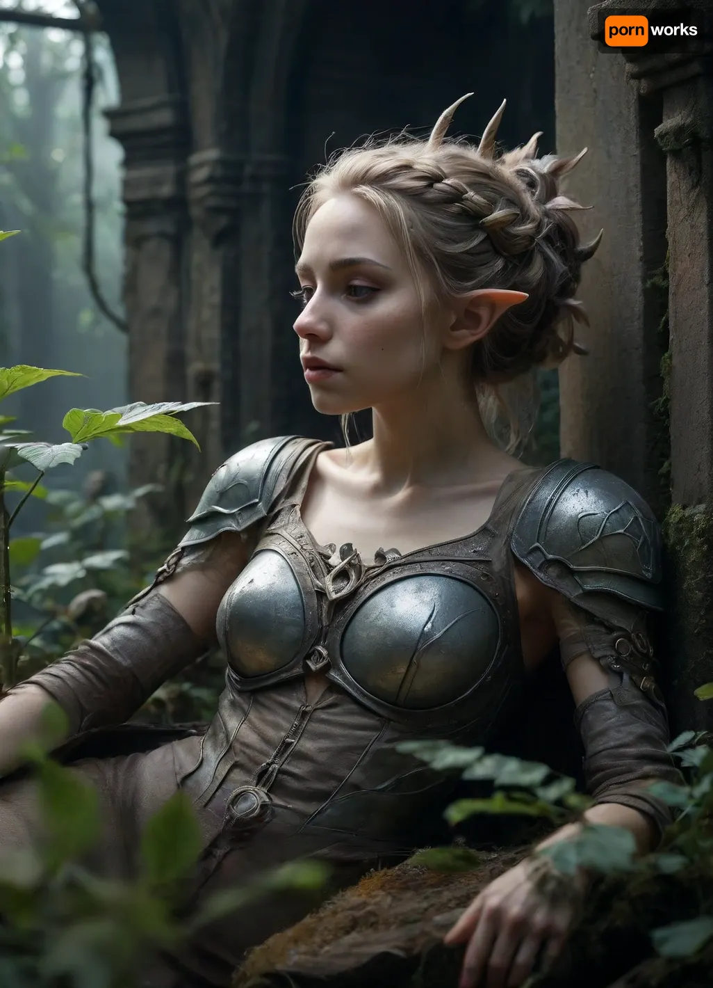 1 a 22-year-old girl is sleeping. Dark fantasy scene-dystopia with a very detailed and atmospheric environment. The world is ruined, but magical — overgrown ruins polluted with glowing anomalies, perverted nature and remnants of vanished civilizations. The light is dim or unnatural, casting eerie shadows. Creatures and characters are mystical, hybrids, animal-like creatures, elves or fairies with dangerous or wild traits. The art style combines elements of cyberpunk and medieval fantasy, featuring muted colors, metallic textures, glowing runes, and post-apocalyptic flora. Emphasize mystery, corruption, and hidden ancient power