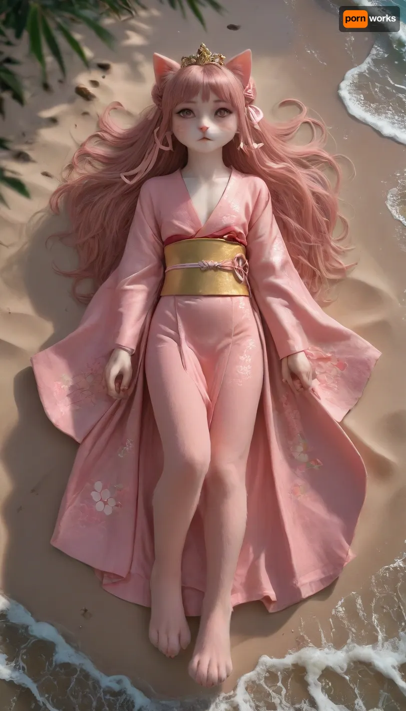 (full body), (furry feline female girl, feline_hybrid, pink fur body, pink cat's head, pink cattail, pink catpaws, pink eyes), (hands are catpaws, flat-chested), (lots of pink freckles on her face), ((longhair)), (pink nails), pink ribbon, (golden tiara), ((wide rosa hime-Kimono)), beach, sand, (night, dimmed lights:1), (((lying on her back, lying flat))), 1girl, ornament, obi, yellow, bow, furisode, wide, sleeves, long, <lora:kaga_ny_animaginexl_2-14:.8>, Anthro, (animal), girl, Furry, Body, covered, with, fur, skin, <lora:463258_training_data:.8>