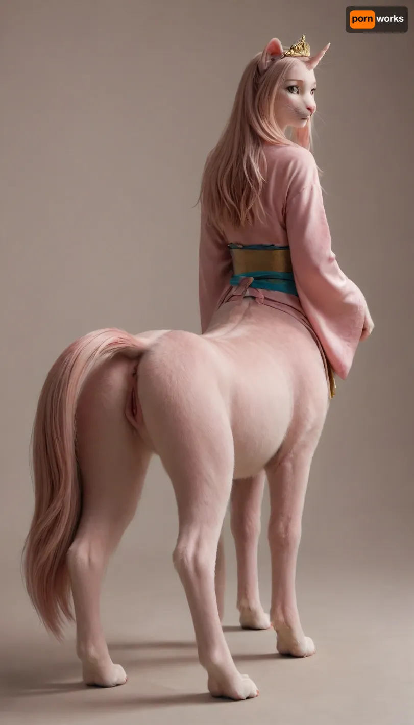 (full body), 1girl, ((furry feline female girl, complete pink fur body, pink ears, pink eyes, humantaur, four, legs, feet, (flat-breasted))), petite, small, <lora:humantaurs_02_20_merge_sdxl:.8>, ((((from behind)))), feline_hybrid, furry, Look at the viewer, ((gold tiara)), <lora:Realistic_Feline_Hybrids:.8>, ((((pink longhair)))), lacus clyne, ((pink kimono)), <lora:SDXL_LORA_CHARACTER_LACUS CLYNE_V1A:.8>, Kimono, Wide, sleeves, sash, obi, <lora:1225061_training_data:.8>, ((unicorn, show her tight vagina))
