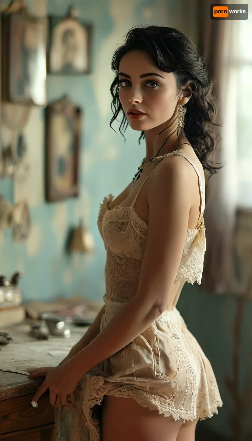 high-resolution, photorealistic image, (girlfriend), (full-body), (brunette woman), (black hair), (she's pulling her skirt up), (upskirt), (jacket unzipped), (1950s fashion), (bedroom), (muted tones), (vintage movie poster on the wall), (soft, natural lighting), (nostalgic atmosphere), (vintage 1950s look), (subdued colors), (1950s camera), (authentic details), perfect breasts, medium breasts, perfect areolas, very thin, thin arms, (((piercing in nipples))), upskirt, beautiful White sheer lace thong, in the kitchen, <lora:Midjourney Image Enhancer XL v1:.8>, <lora:MJ52:.8>