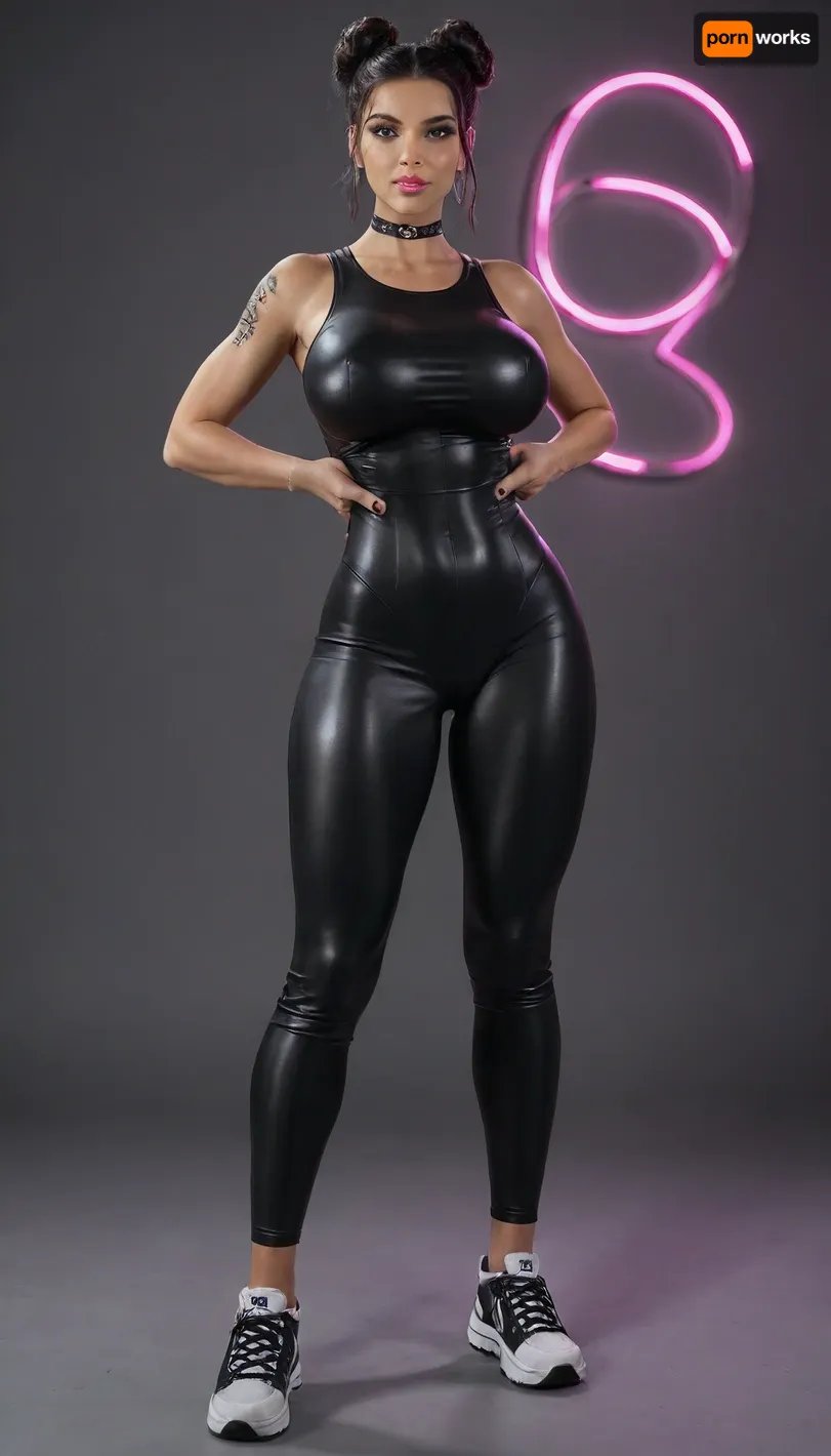 black studio background, lots of bright purple neon lights, beautiful fit girl, ((bimbo)), (((long black hair in a bun))), black v-shape bodysuit, (((tight fitting black v-shape bodysuit))), (((full body view))), huge breasts, very thick thights, (((very thick thights 2.0))), full shot, biting lip, waist, bimbo lips, choker, tattoos on the arms, puffy pussy, white big sneakers, camel toe, sexy pose, loose oversize white sports pants, undressing