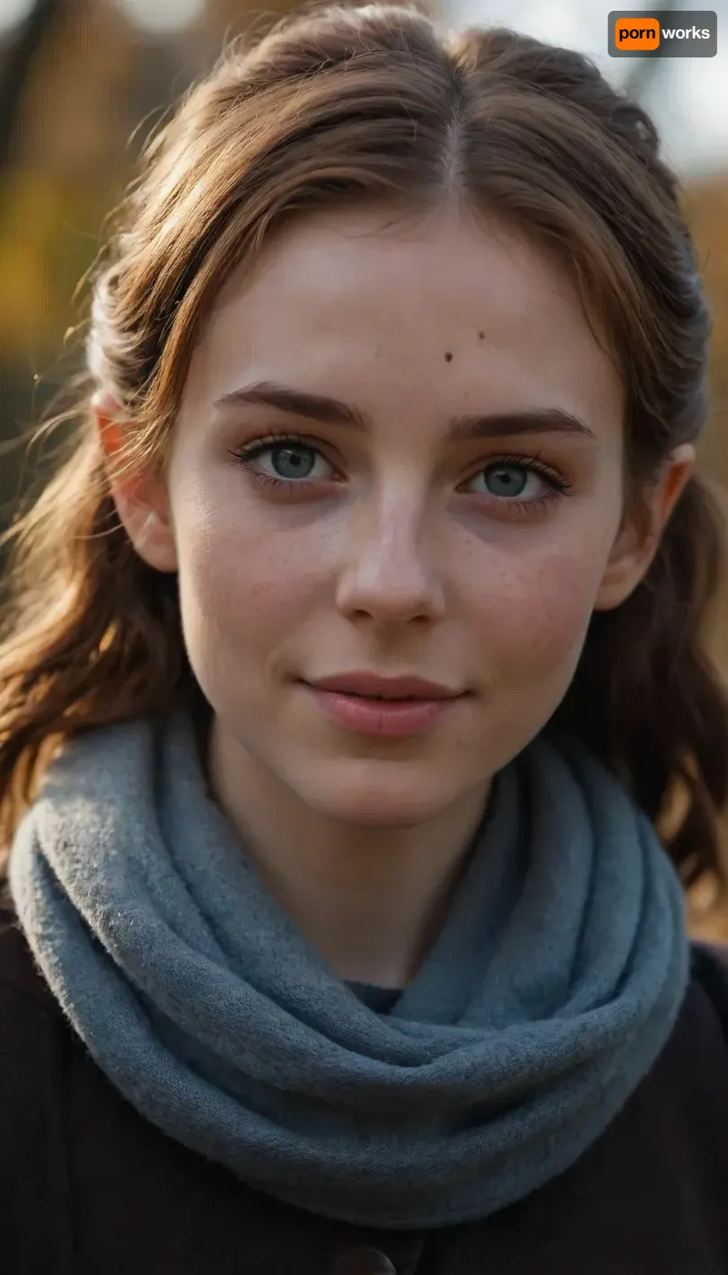 A 21 years old elf girl, elf ears, elf, well-build body, medium tits, small lips, lots of freckles face and skin, blush on the checks and nose, (raised nasal tip, upturned button nose, upturned nose, delicate nose, nose), brown wild wet hair with sidelocks, very sexy smile, is passing you on a small pedestrian bridge, brifly and shy expressionless eye contact, dark jacket with wool collar, big scarf, hands in pockets, chestnut wavy hair pulled back and held together in a small ponytail, very milky and pale skin, autumn early morning sun, sun beams and shadowy details on her face, her eyes are very bright and blue gray ish, eye corona is dark and intense, masterpiece, extremely high quality photograph, taken with a snapshot fast lens on a Nikon camera.