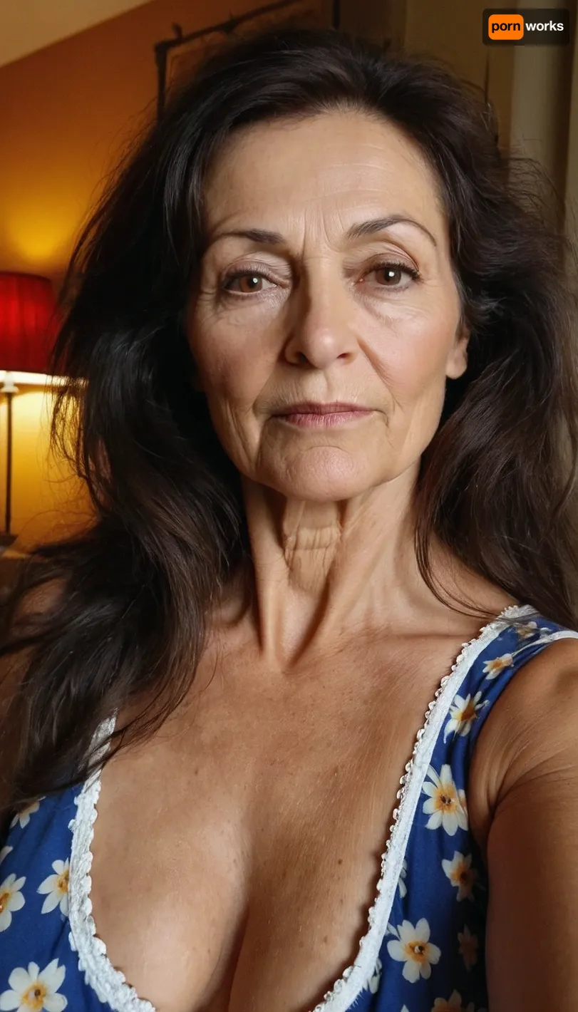 Sexy old granny, 65 years old, dark brunette, long hair, very tall, very curvy, small tits, very tiny boobs, wide shoulders, orgasm horny sexy face, in the morning, sleep face, messy hair, cute pj's, granny woman, looking at the camera, selfie, face focus