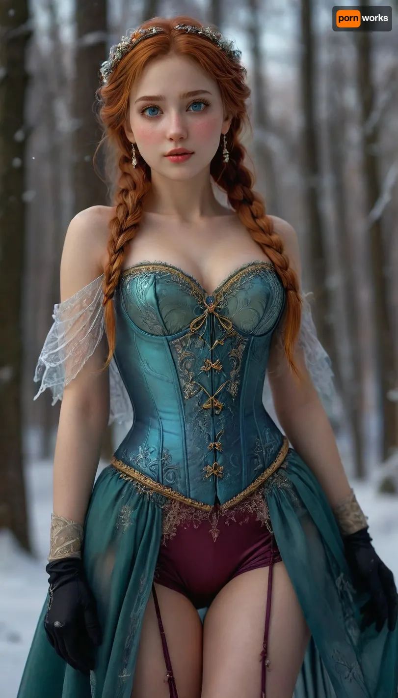 (masterpiece, best quality, highres, photorealistic), 18-year-old girl inspired by Anna from Frozen, sexy fantasy reimagining, petite and fit figure with soft pale skin, short tight-waisted corset in royal navy and gold embroidery barely covering her full perky breasts, erect nipples visible through the thin fabric, revealing deep cleavage framed by the corset lines, wearing a sheer teal skirt split open to both sides, exposing her smooth bare legs and crotch, shaved and glistening pussy visible beneath the flowing translucent fabric, pink labia subtly outlined, tight and neat anus centered and clean, loose dark rose-red cape draped behind her shoulders, small snowflakes glistening on the fabric, thin black gloves pushed halfway down her arms, her soft red-auburn hair tied in two playful braids falling over her chest, loose strands framing her youthful, flushed face, glowing green eyes wide and expressive, long lashes, glossy pink parted lips, gently blushing cheeks, seductive smile, standing with one foot slightly forward in snow-covered forest ruins, her hand lifting the front of her split skirt, head turned slightly toward viewer, background glowing with enchanted blue mist, shimmering frosty trees, and icy crystalline arches catching ambient moonlight, snowflakes caught in her lashes and braids, cold breath softly visible, soft magical lighting, ultra-fine texture on snow, cloth and skin, (ultra-detailed face and eyes:1.2), HDR, realistic anatomy, no distortions, (detailed enchanted snow background:1.3), <lora:PerfectEyesXL:1>, <lora:add-detail-xl:.8>, <lora:detailed_notrigger:.8>