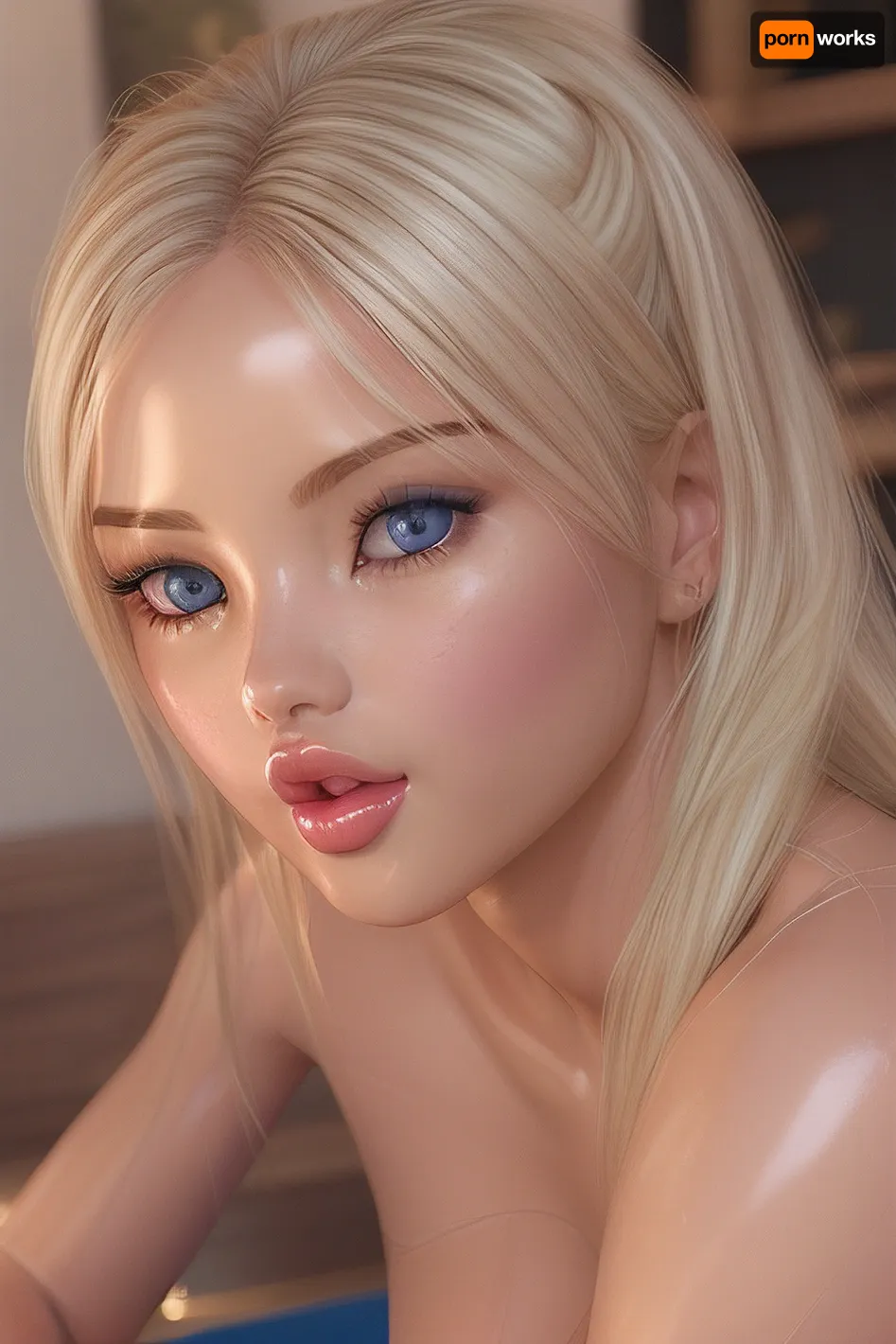 A close-up portrait of a woman with very dark skin, featuring strikingly bright blue eyes and flowing blonde hair. The image captures the contrast between her deep skin tone and the vividness of her eyes and hair, set against a softly blurred background that highlights her features. The lighting is warm and gentle, casting a soft glow on her face, enhancing the richness of her complexion and the luminosity of her eyes. The mood is one of elegance and strength, with a focus on the unique and captivating beauty of the subject., sdol, cum, tongue, see-trough, <lora:sdolsd1501-000029:1>