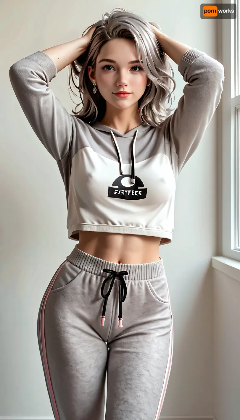 50yo brunette with streaks of gray hair, medium breasts, (gray sweatpants extreme sort on hipsters revealing pubic hair, short gray sweatshirt, up to half a breast), white and pink sneakers, hands in hair above head, standing in kitchenfantasy, intricate, elegant, highly detailed, digital painting, artstation, concept art, smooth, illustration, art by artgerm and greg rutkowski and alphonse mucha, in the style of a WLOP