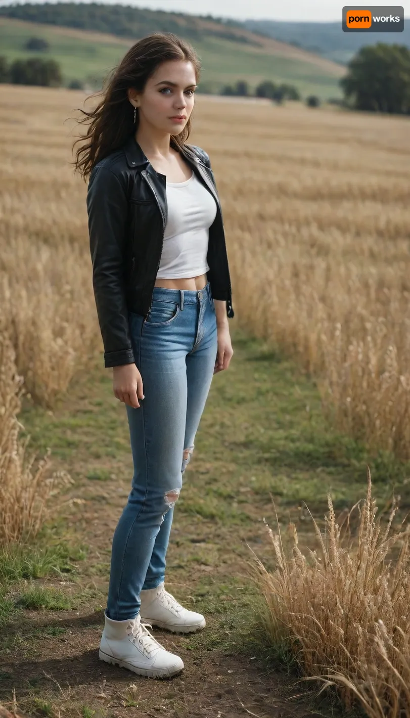 score_9, score_8_up, score_7_up, (Western Comics), (Belén Rodríguez), cute, seductive, innocent, long, straight hair, floating hair, (light smile:.3), wearing leather jacket and ripped jeans, high white ankle boots with thick soles, picturesque, sharp, colorful, ultra cinematic, blue and yellow, dim colors, (wheat field background), (Full body photo), (depth of field), (dynamic angle), (ultra detailed, high quality texture), (sharp), (artistic image)