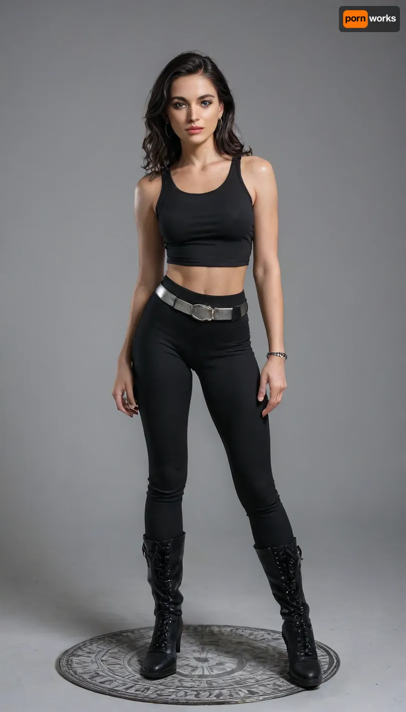 man, womanly, pixie, black hair, model, waist, standing, looking at viewer, grey background, wearing Donna Troy costume, black yoga pants, black tank top, silver high heels boots, knee high boots, silver belt, (black neckband with a silver circle in front:1.3), long silver arm bracelet, (bracelets start at wrists and end at elbows:1.3)