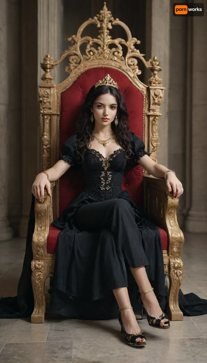 gold fleur delise earrings and necklace, wavy black hair with bangs, big irises, vampire queen, red eyes, large jeweled crown, black royal gown, sitting on throne, full body view, gold bracelets, gold royal heels