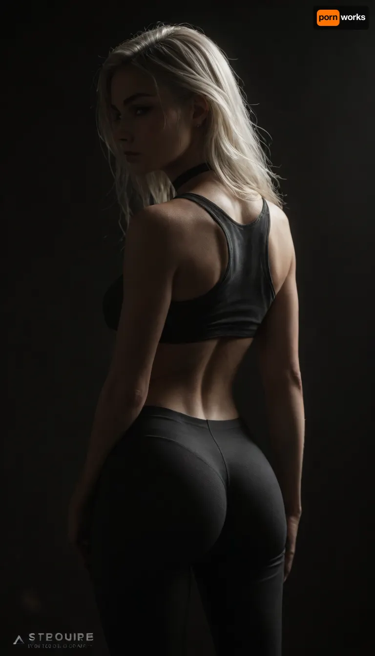 (score_7_up, score_8_up, score_9, 1girl, solo, masterpiece), (portrait rear view), (skindentation:1.1), sultry, seductive, seducing, alluring, intimate, sexual, horny, ((long white hair)), ((black yoga pants), 18yo girl, (athletic skin body), (narrow waist:1.4), ((hip gap)), insatiable, lustful, erotica, irresistible, ziprealism, little underboob black crop-top, black choker, blue eyes, (black background, chiaroscuro lighting:1), <lora:sunnyrayyxo_v1_SDXLBase:.4>, <lora:dark:.6>)