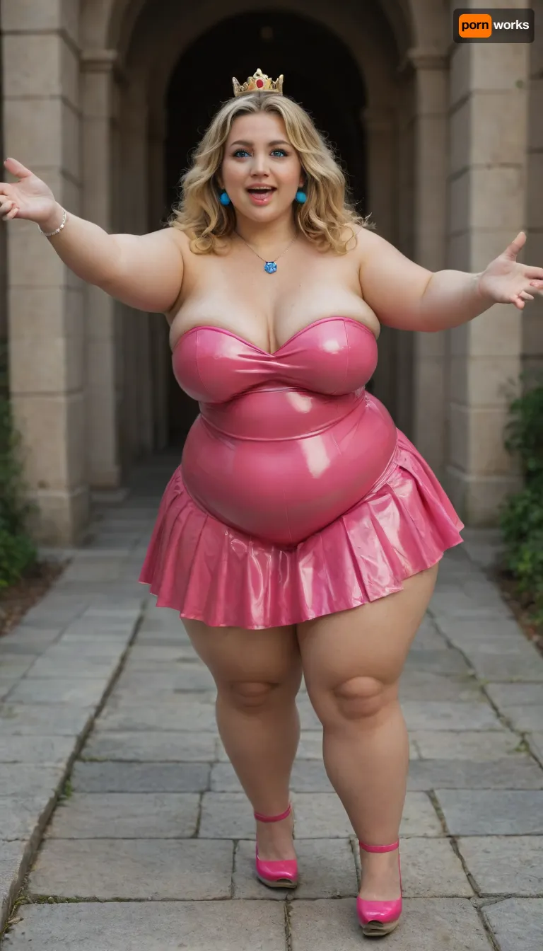 1 girl, character Princess Peach, very chubby woman, (bbw, fat:1.6), very busty, full pink lips, small crown, bright yellow hair, pink latex strapless dress with long pleated skirt, blue earrings, necklace with blue pendant, pink high heel shoes, mouth open, smiling, standing, arms reaching forward, castle background