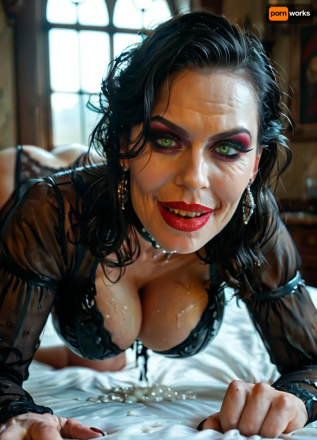(realistic:1.2), front view, (close up face:1.3), The Countess is a, (sexy GILF, beautiful older lady), evil Dominatrix, (she is a dangerous vampire, evil smiling, tall, square face shape, wide cheekbones, demon, pale skin, perfect puffy lips, green eyes, straight black hair), (big massive Silicon breast, huge fake tits), wearing a black leather corset, transparent black negligee Coat, platform high heels, (on all fours, on her hands), (((open mouth, showing her perfect tongue))), panting on huge bed, (((She is getting fucked in doggy by one slender man grabbing her hips))), legs wide spread, (huge vaginal creampie:1.2), bedroom of a medieval castle, detailed image, high resolution, resolution, highres, <lora:580159_training_data:.8>, <lora:MJ52:.8>