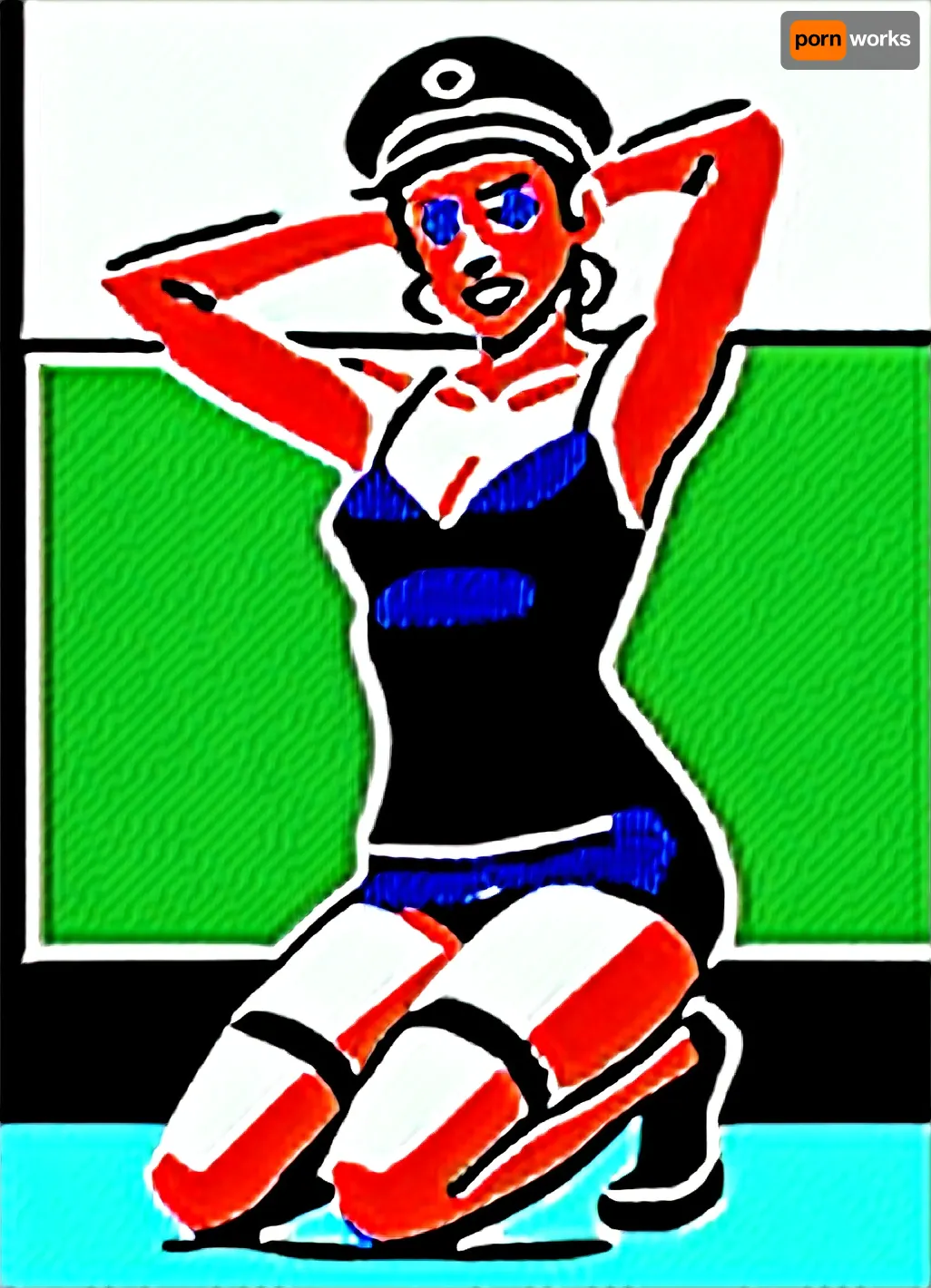 vintage 1950s setting, young female train conductor, early 20s, brunette hair pinned up in a classic 50s hairstyle, light blue eyes, pasty white skin, short black dress uniform with cap, train station platform background, hot and sweaty face, dirty forehead, smudged makeup, curly hair slightly undone and messy, damp armpits and sides, cleavage, low-cut dress showing ample bosom, black stockings, black heels, confident smirk, sultry gaze, dark circles under eyes, tired but still alluring, high-definition, ultra-realistic, dramatic lighting, 4k resolution, soft focus background, shallow depth of field., (((very detailed face))), . Provocative pose, teasing, smiling with teeth.