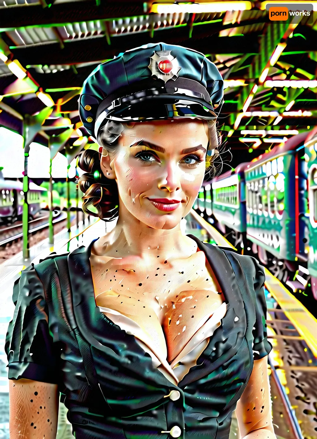 vintage 1950s setting, young female train conductor, early 20s, brunette hair pinned up in a classic 50s hairstyle, light blue eyes, pasty white skin, short black dress uniform with cap, train station platform background, hot and sweaty face, dirty forehead, smudged makeup, curly hair slightly undone and messy, damp armpits and sides, cleavage, low-cut dress showing ample bosom, black stockings, black heels, confident smirk, sultry gaze, dark circles under eyes, tired but still alluring, high-definition, ultra-realistic, dramatic lighting, 4k resolution, soft focus background, shallow depth of field., (((very detailed face))), . Provocative pose, teasing, smiling with teeth.