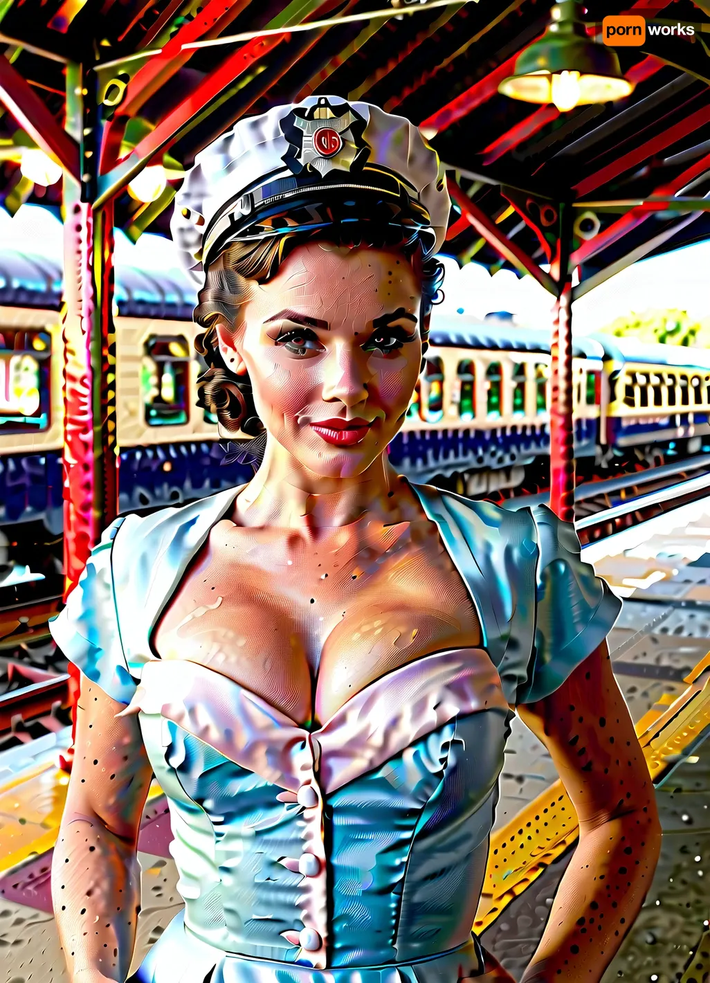 vintage 1950s setting, young female train conductor, early 20s, brunette hair pinned up in a classic 50s hairstyle, light blue eyes, pasty white skin, short black dress uniform with cap, train station platform background, hot and sweaty face, dirty forehead, smudged makeup, curly hair slightly undone and messy, damp armpits and sides, cleavage, low-cut dress showing ample bosom, black stockings, black heels, confident smirk, sultry gaze, dark circles under eyes, tired but still alluring, high-definition, ultra-realistic, dramatic lighting, 4k resolution, soft focus background, shallow depth of field., (((very detailed face))), . Provocative pose, teasing, smiling with teeth.