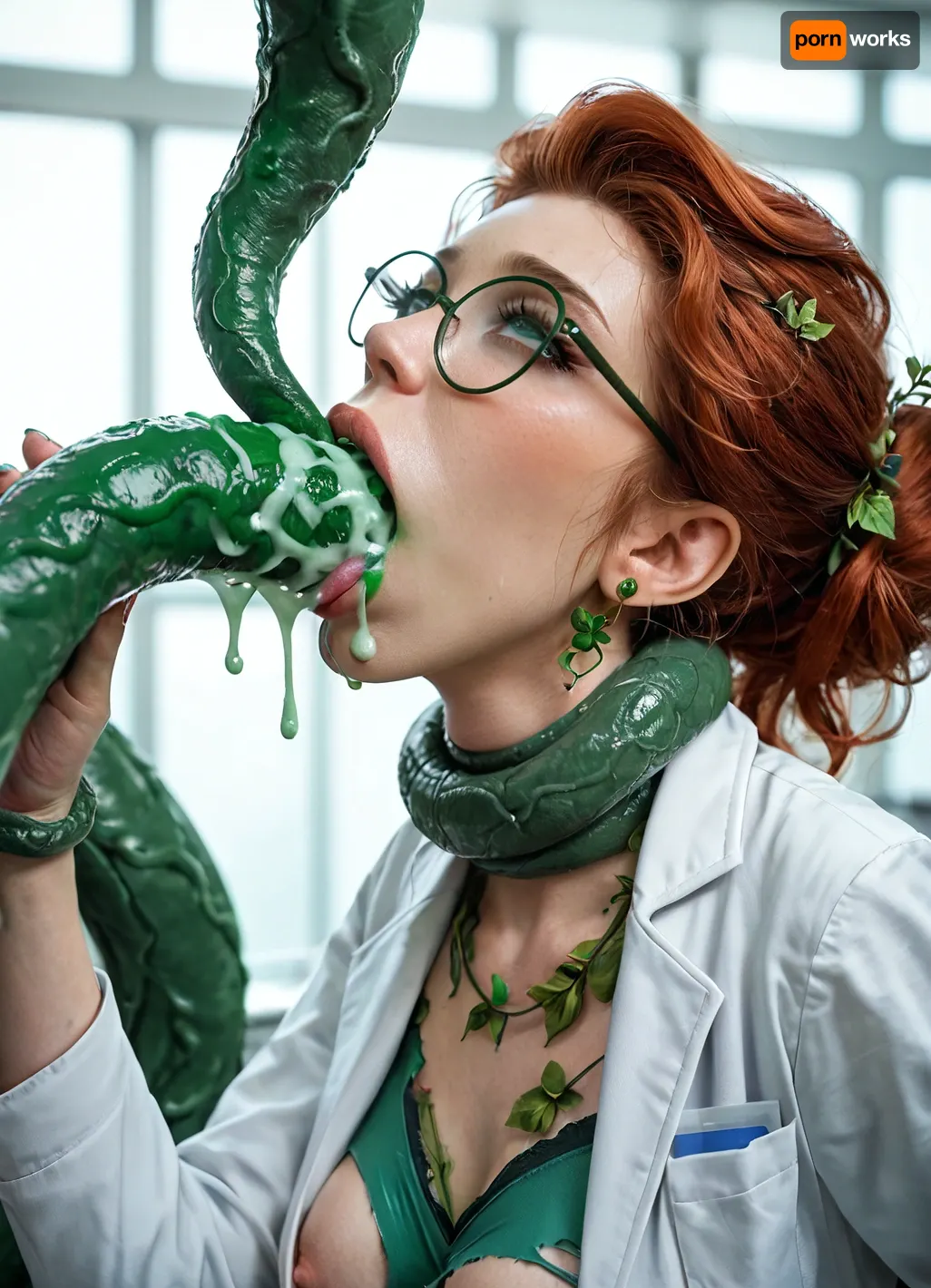 UHD 8K, cinematic masterpiece, maximum quality, maximum details, maximum realism, insanely hot gorgeous cute redhead girl, perfect face, (beautiful), medium round perky breasts, (torn tight slutty poison ivy tights), lab coat, glasses, ((lab:1.3)), green tentacles, (((oral))), tentacle grabbing neck, green cum on chin, green cum leaking from mouth, green cum in tits, (ahegao face:1.5), (((penetration by tentacles))), close up of face, throat bulge, side view, x-ray
